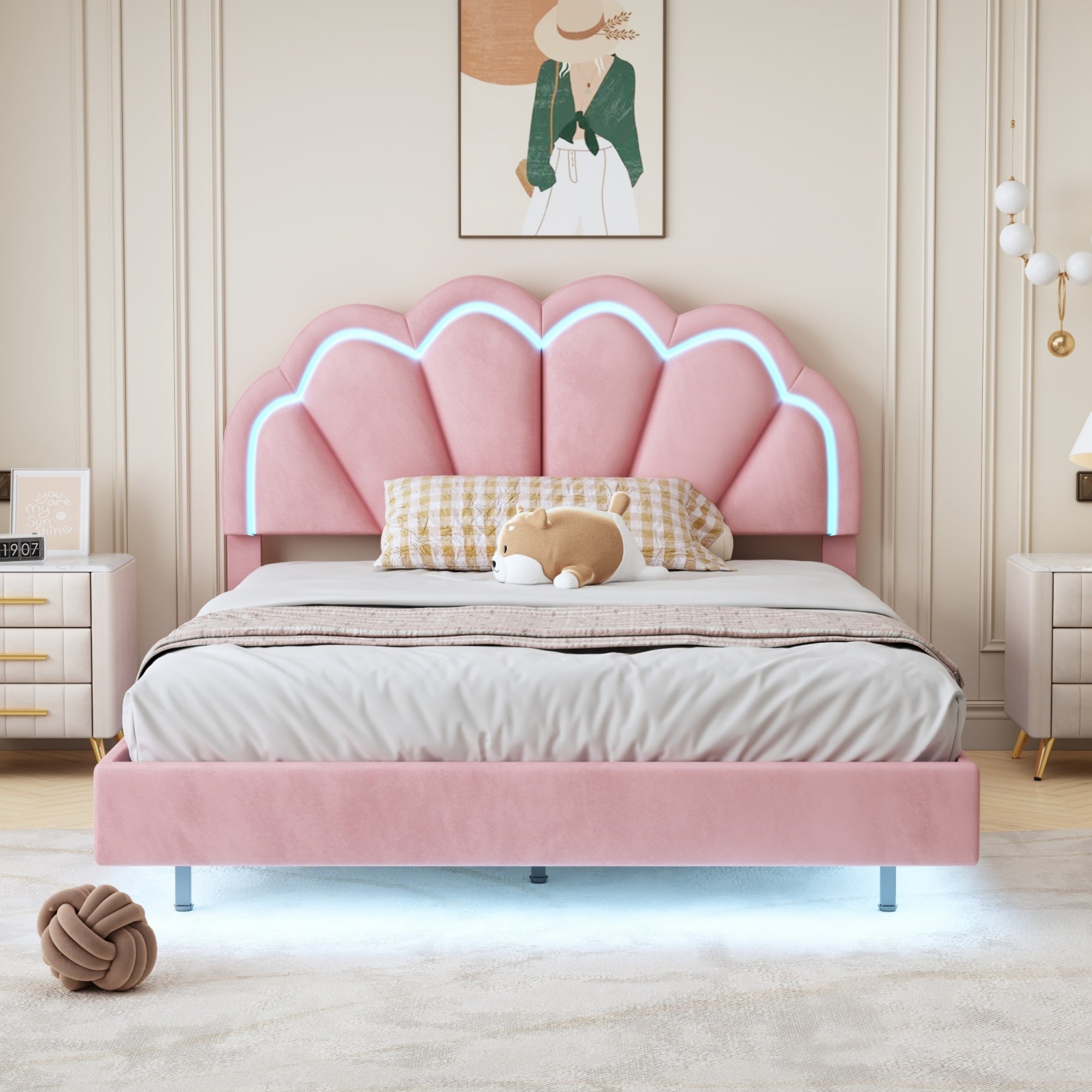 Full Upholstered Smart LED Bed Frame with Elegant Flowers Headboard,Floating Velvet Platform LED Bed with Wooden Slats Support,Pink