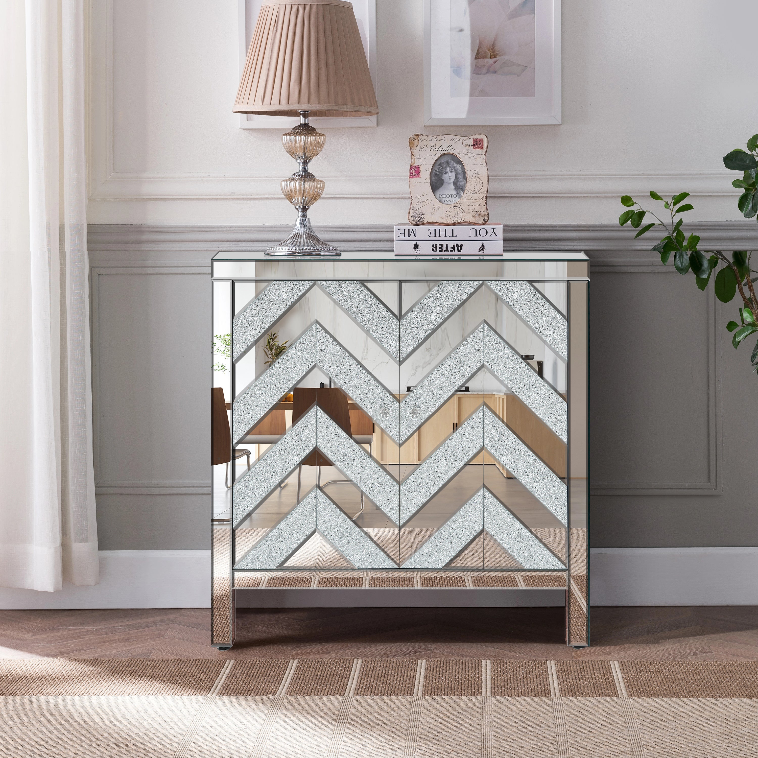 Storage Cabinet with Mirror Trim and M Shape Design, Silver,for Living Room, Dining Room, Entryway, Kitchen