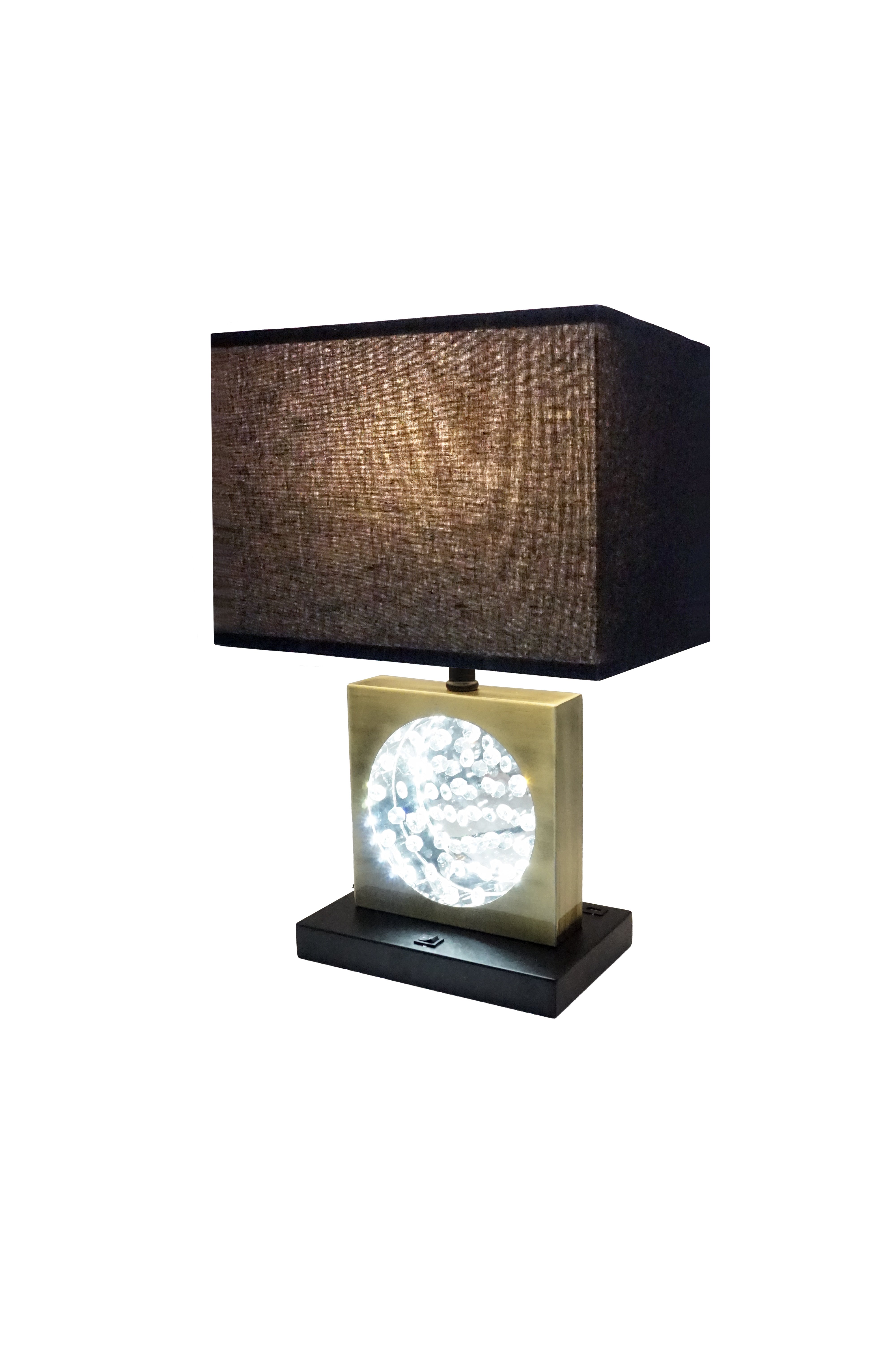 22"H GOLD SQUARE W/ BLACK SHADE CRYSTAL CENTERPIECE WITH NIGHT LIGHT, USB Port + Power Outlet