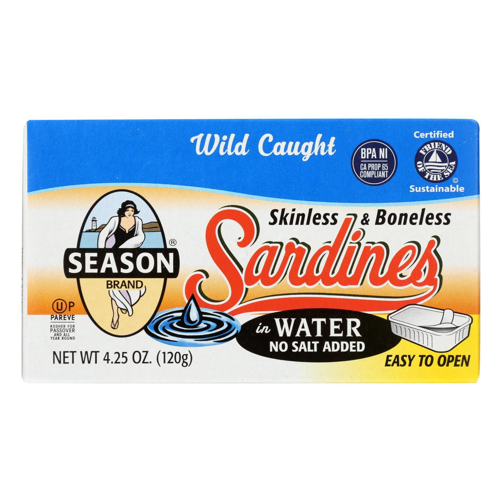 Season Brand Skinless And Boneless Sardines In Water - No Salt Added - Case Of 12 - 4.25 Oz.