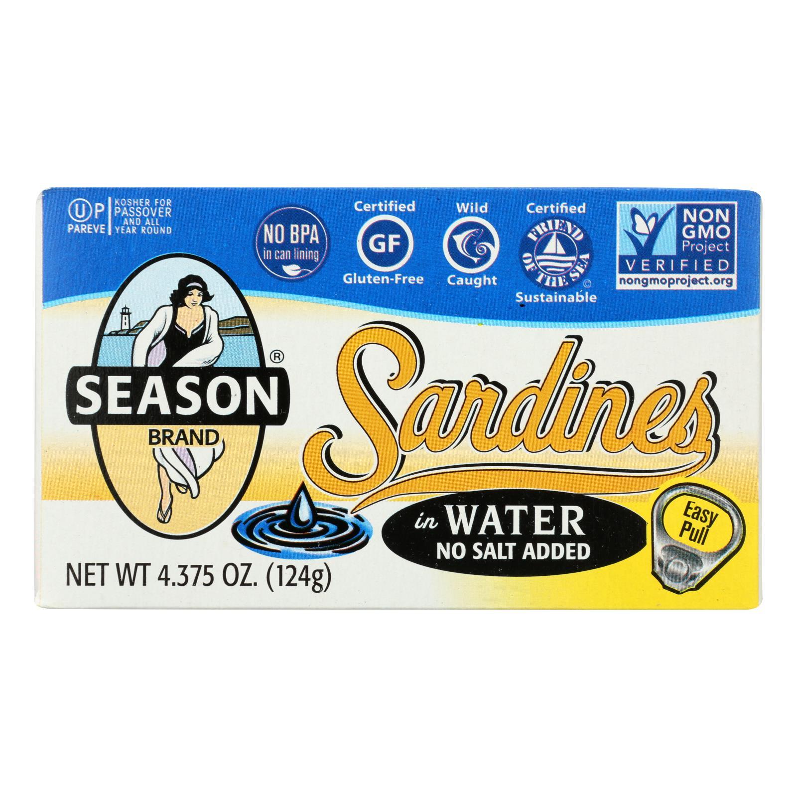 Season Brand Sardines In Water - No Salt Added - Case Of 12 - 4.375 Oz.