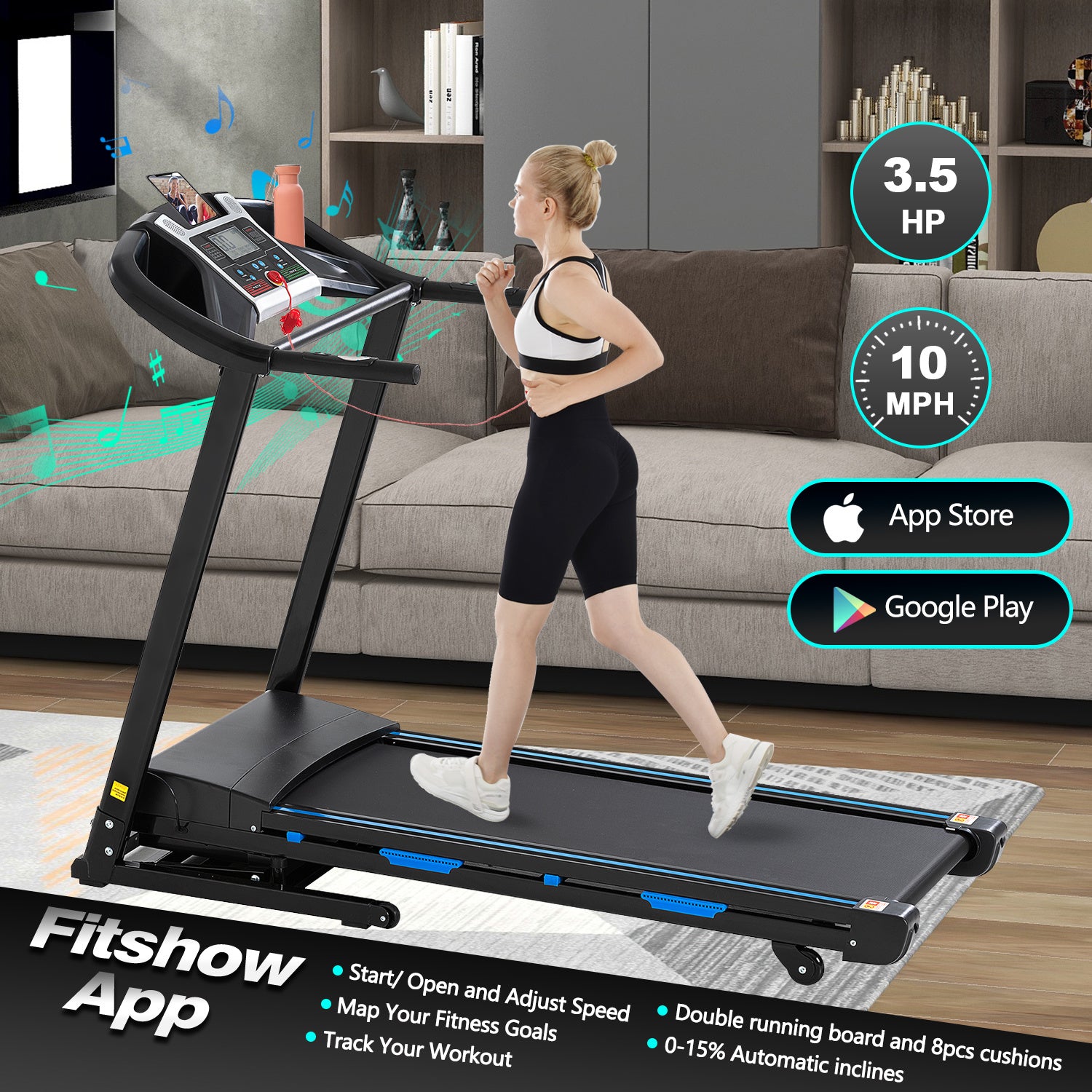 Treadmills for Home, Electric Treadmill with Automatic Incline, Foldable 3.5HP Workout Running Machine Walking, Double Running Board Shock Absorption 