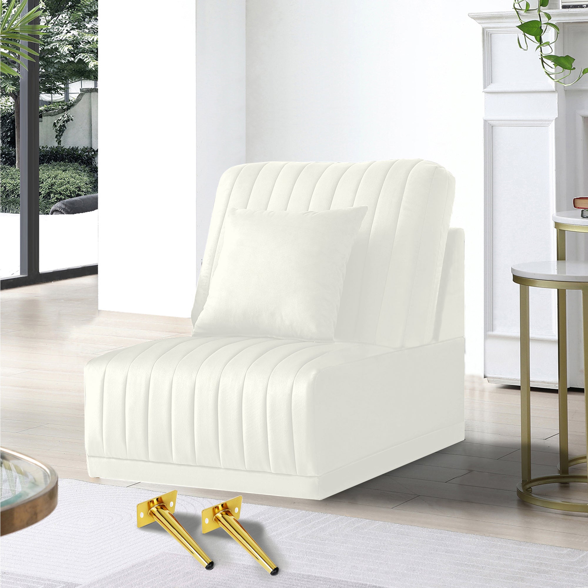 Modern Accent Chair Cream Velvet Channel -Tufted Armless Chair Comfy Living Room Side Chair for Reading, not sold separately, needs to be combined with Armchair to be 2 seat , 3 seat and more seats