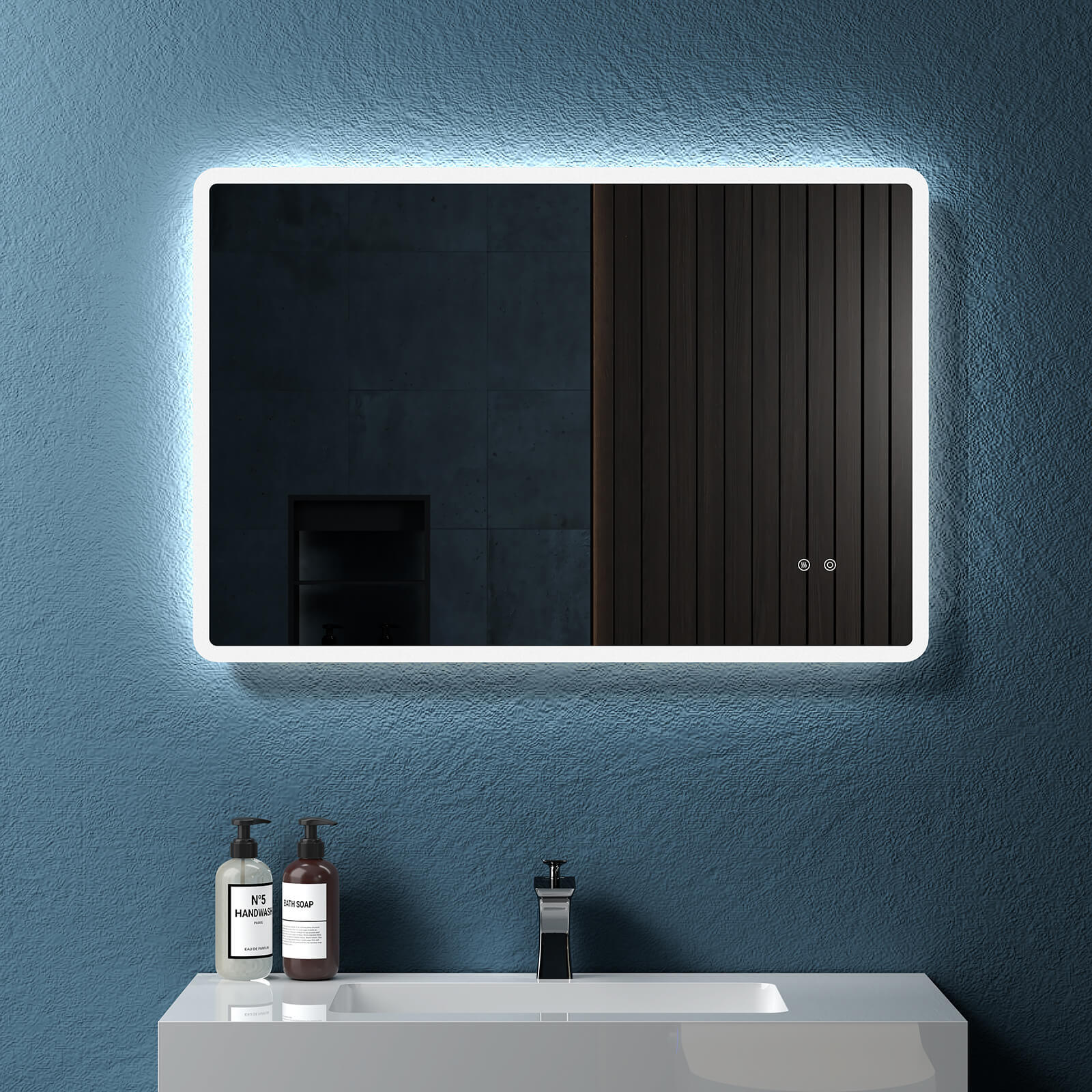 36" W x 24" H Modern Wall Mounted LED Backlit Anti-Fog Rounded Rectangular Bathroom Mirror with US standard plug, Temperature Adjustable and Memory Function Touch Switch