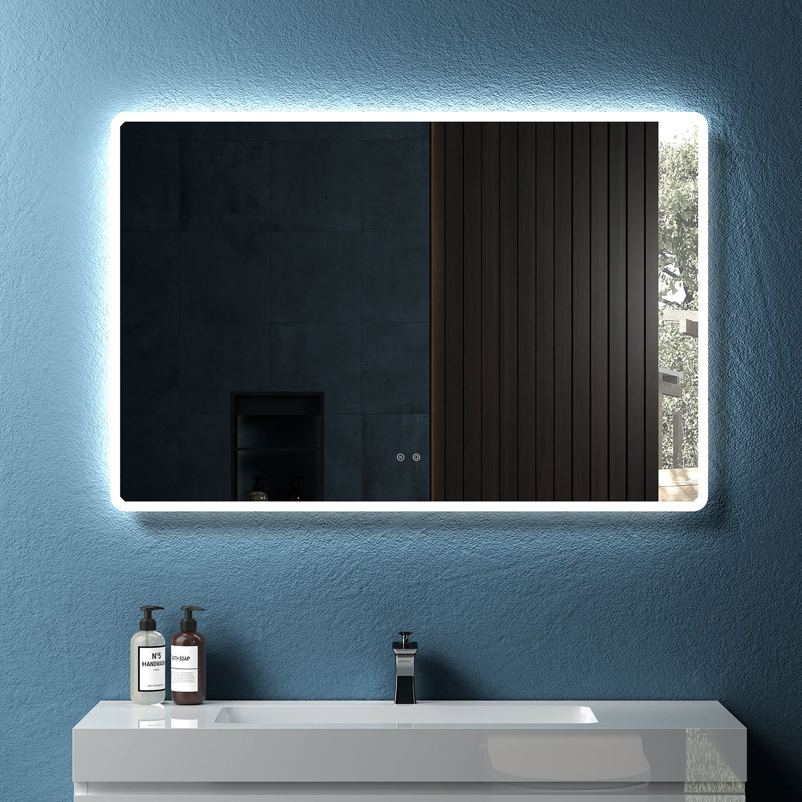 48" W x 32" H Modern Wall Mounted LED Backlit Anti-Fog Rounded Rectangular Bathroom Mirror with US standard plug, Temperature Adjustable and Memory Function Touch Switch