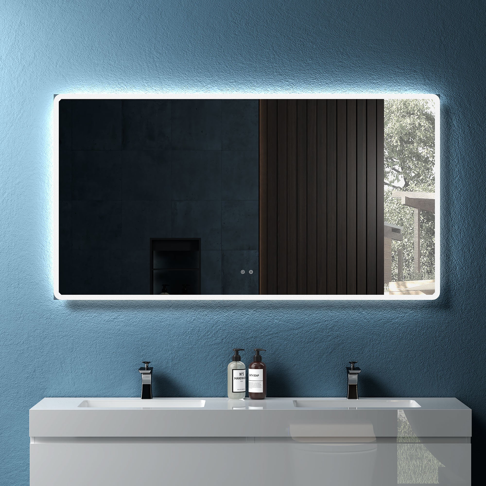 60" W x 32" H Modern Wall Mounted LED Backlit Anti-Fog Rounded Rectangular Bathroom Mirror with US standard plug, Temperature Adjustable and Memory Function Touch Switch