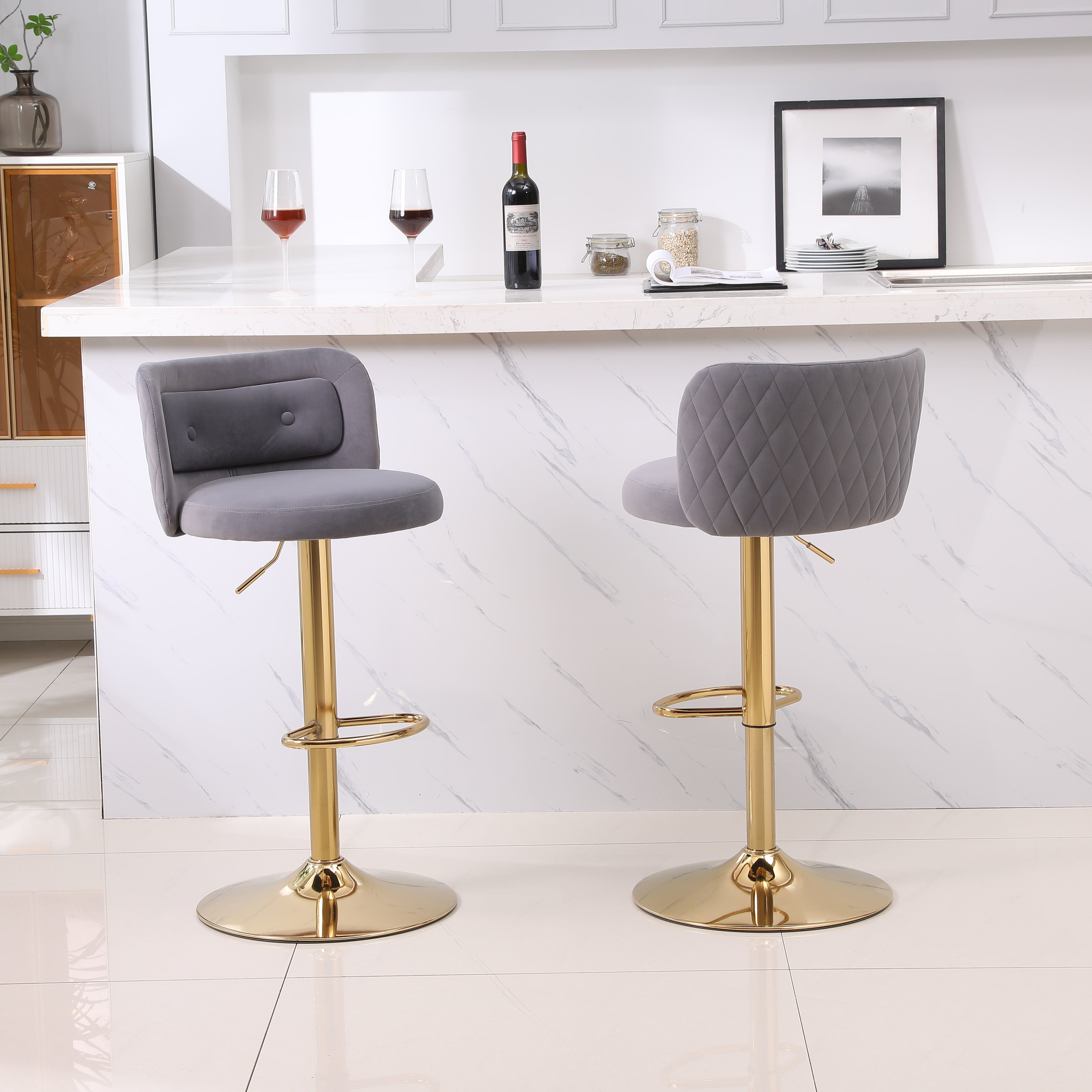 Modern Barstools Bar Height, Swivel Velvet Bar Stool Counter Height Bar Chairs Adjustable Tufted Stool with Back& Footrest for Home Bar Kitchen Island Chair (Grey, Set of 2)