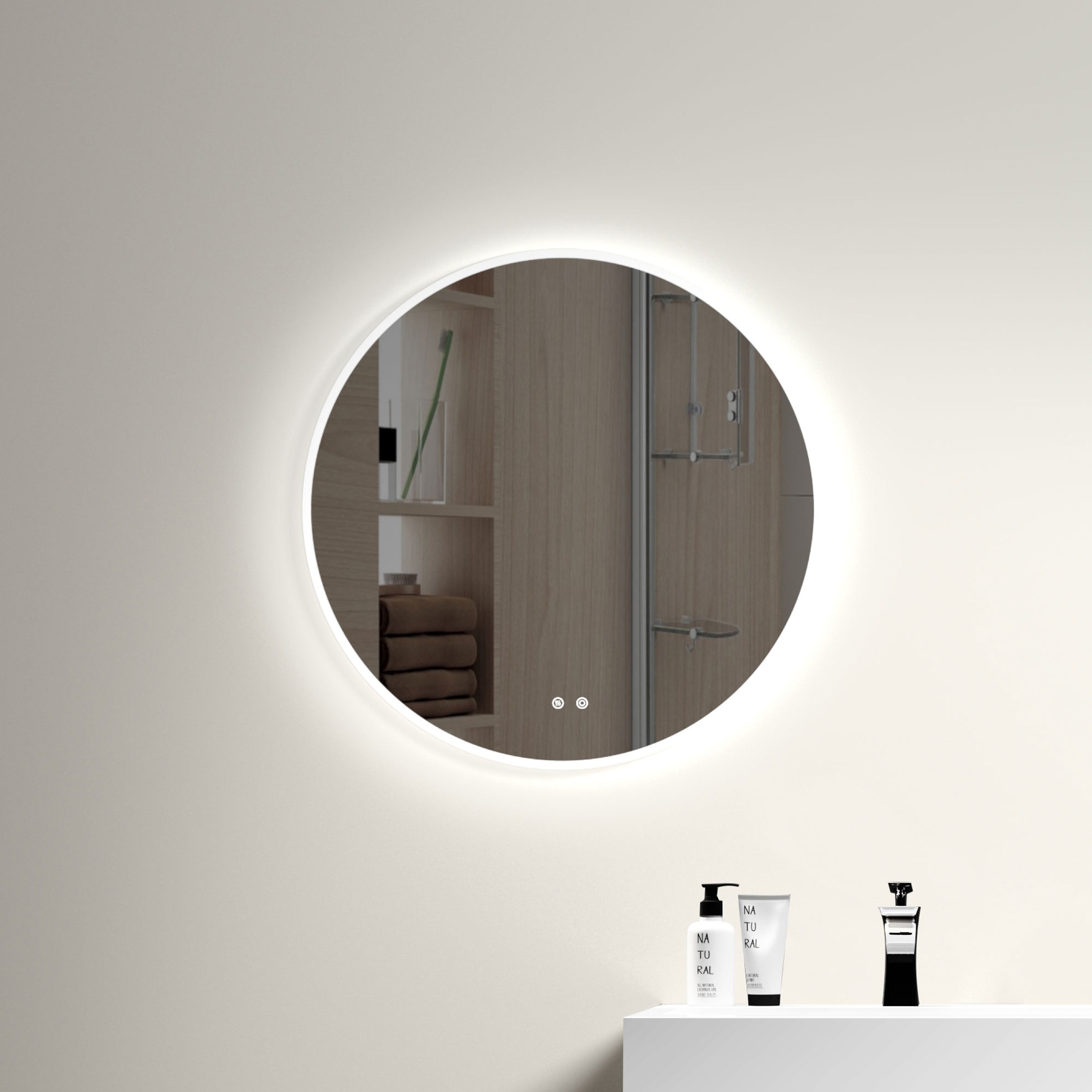 φ20" Modern LED Backlit Bathroom Mirror with US standard plug, Diffused Soft Light, Defogging Function, CRI>90, Adjustable Light Brightness & Temperature 3000K, 4500K, 6000K