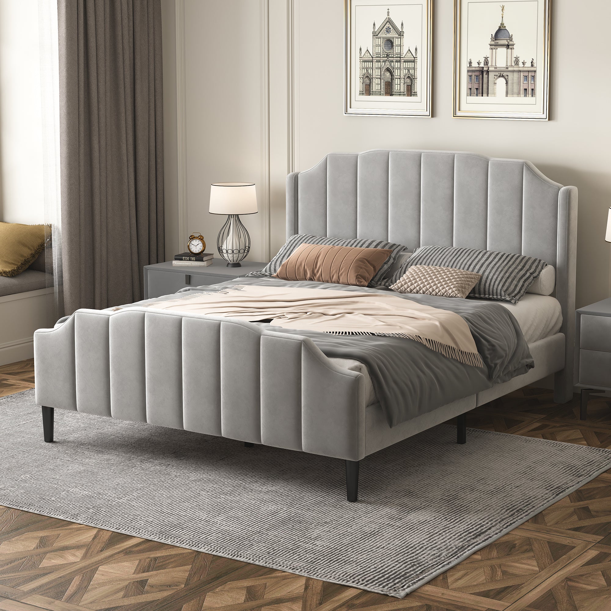 Queen Size Upholstered Platform Bed with Headboard and Footboard,No Box Spring Needed, Velvet Fabric,Gray