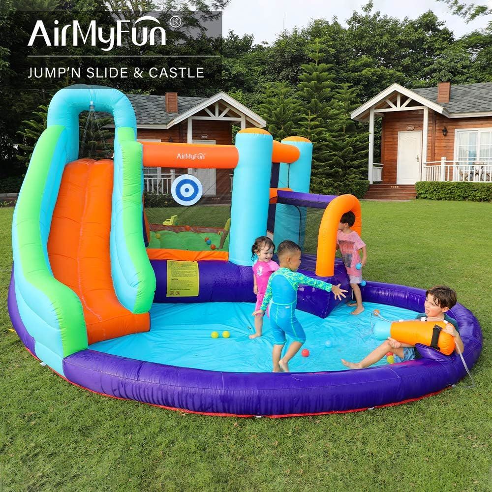 AirMyFun Inflatable Bounce House, Jumping Castle with Water and Slide, Inflatable Bouncer with Air Blower, Water Spray for Summer Time, Idea for Kids 