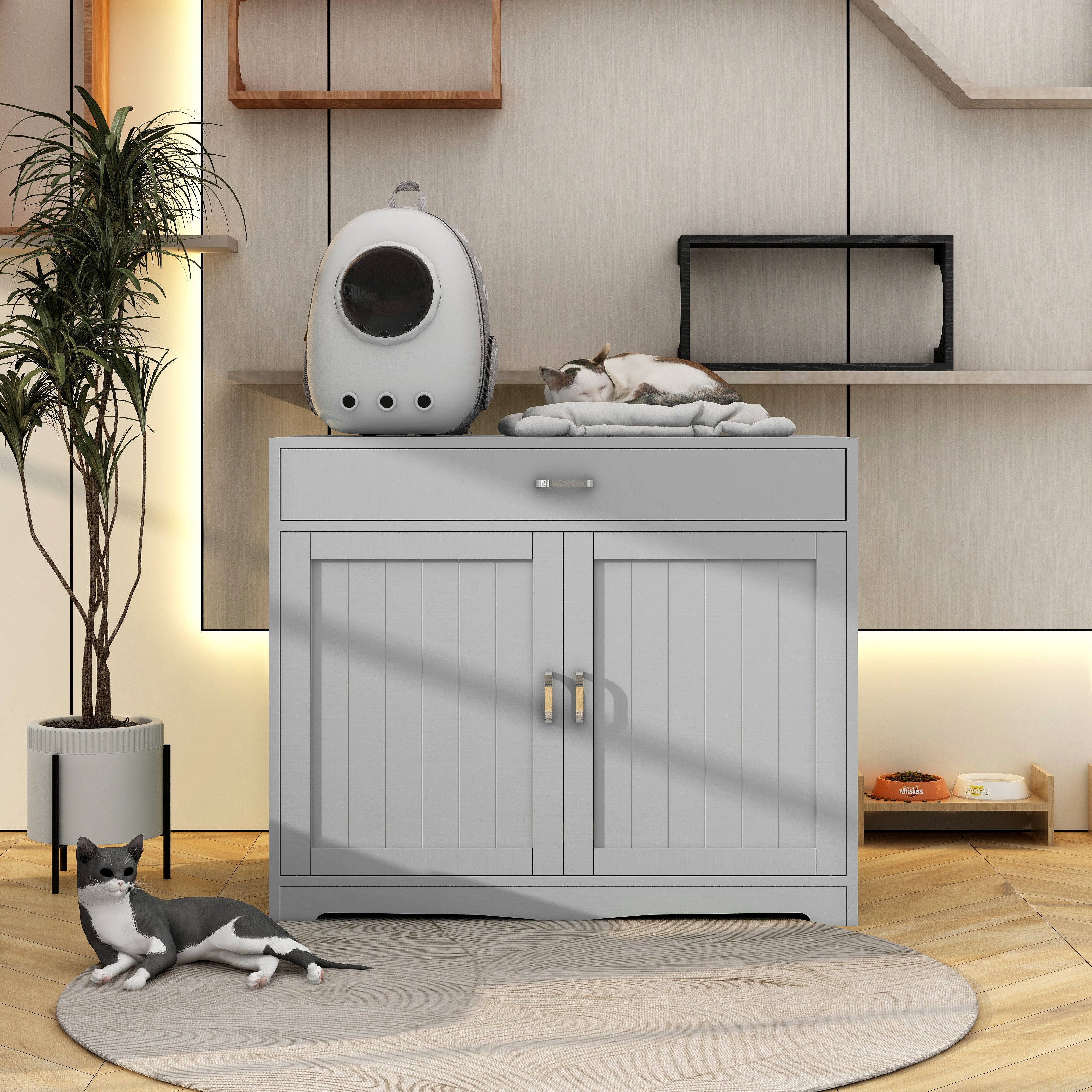 Litter Box Enclosure, Cat Litter Box Furniture with Hidden Plug, 2 Doors,Indoor Cat Washroom Storage Bench Side Table Cat House, Large Wooden Enclused Litter Box House, Grey