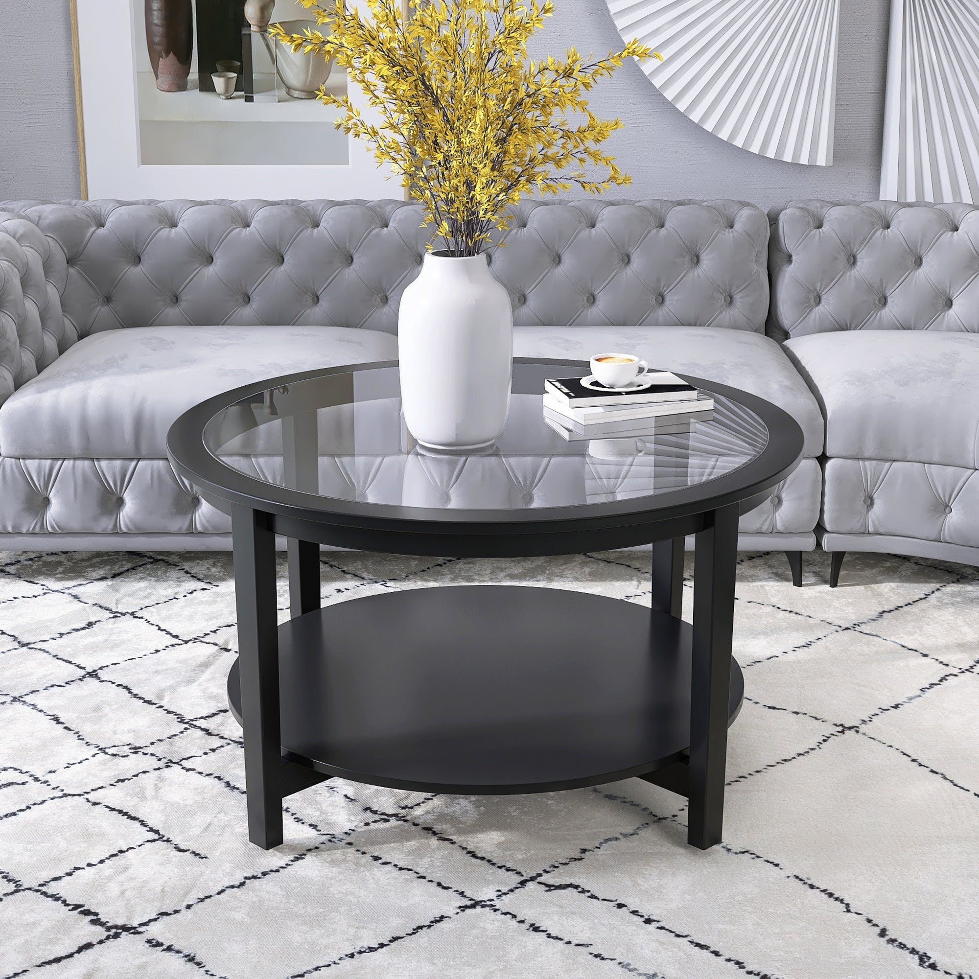 [VIDEO provided]Round glass top solid wood storage coffee table, black