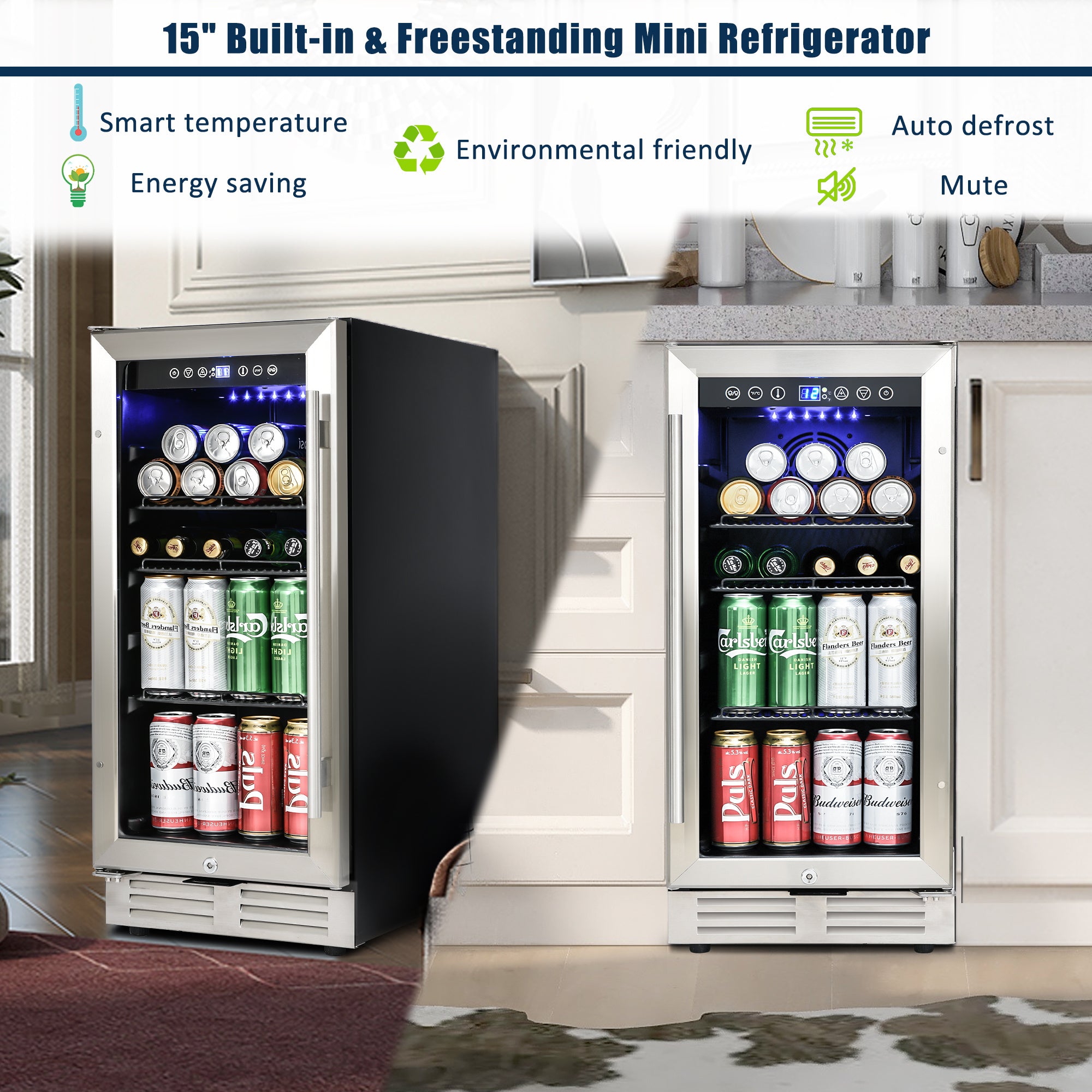 Built-in and Freestanding 15" Mini Beverage Refrigerator/Wine Cabinet, 120 Cans, 37-65°F, Quiet, Adjustable Shelves, LED Lighting, ETL , Touch Controls, Defrost, Double Glass Door, Kitchen/Bar /office