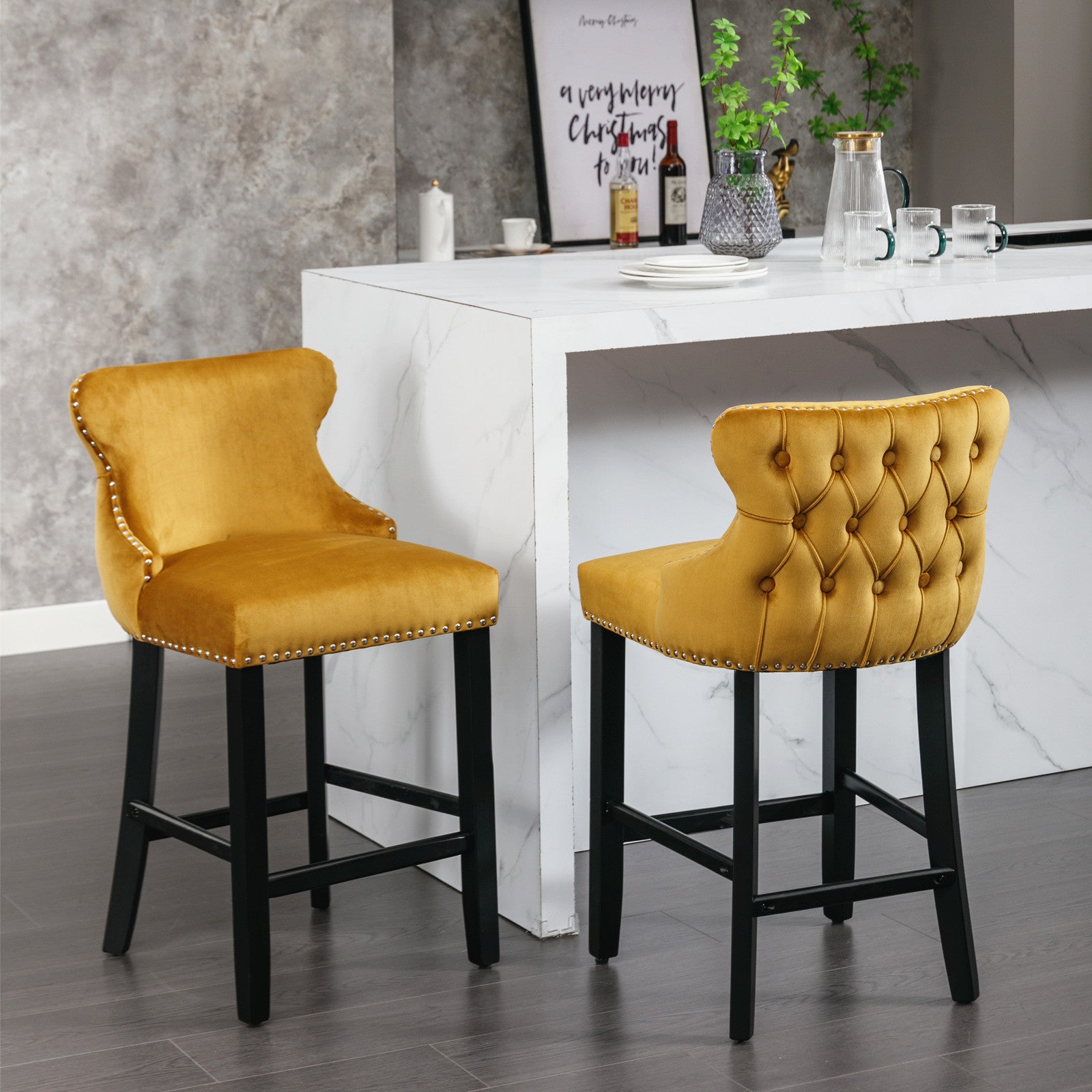 A&A Furniture,Contemporary Velvet Upholstered Wing-Back Barstools with Button Tufted Decoration and Wooden Legs, and Chrome Nailhead Trim, Leisure Style Bar Chairs,Bar stools,Set of 2 (Gold),SW1824GL