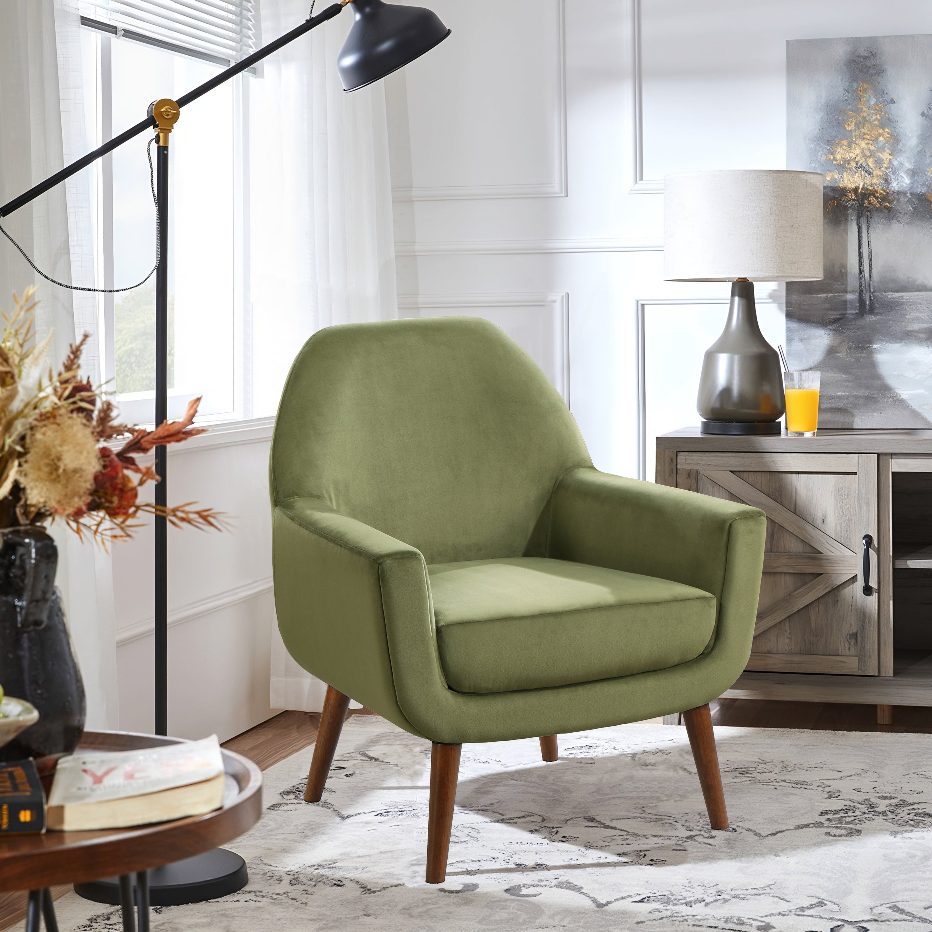 Astrid Mid-Century Green Velvet Arm Chair