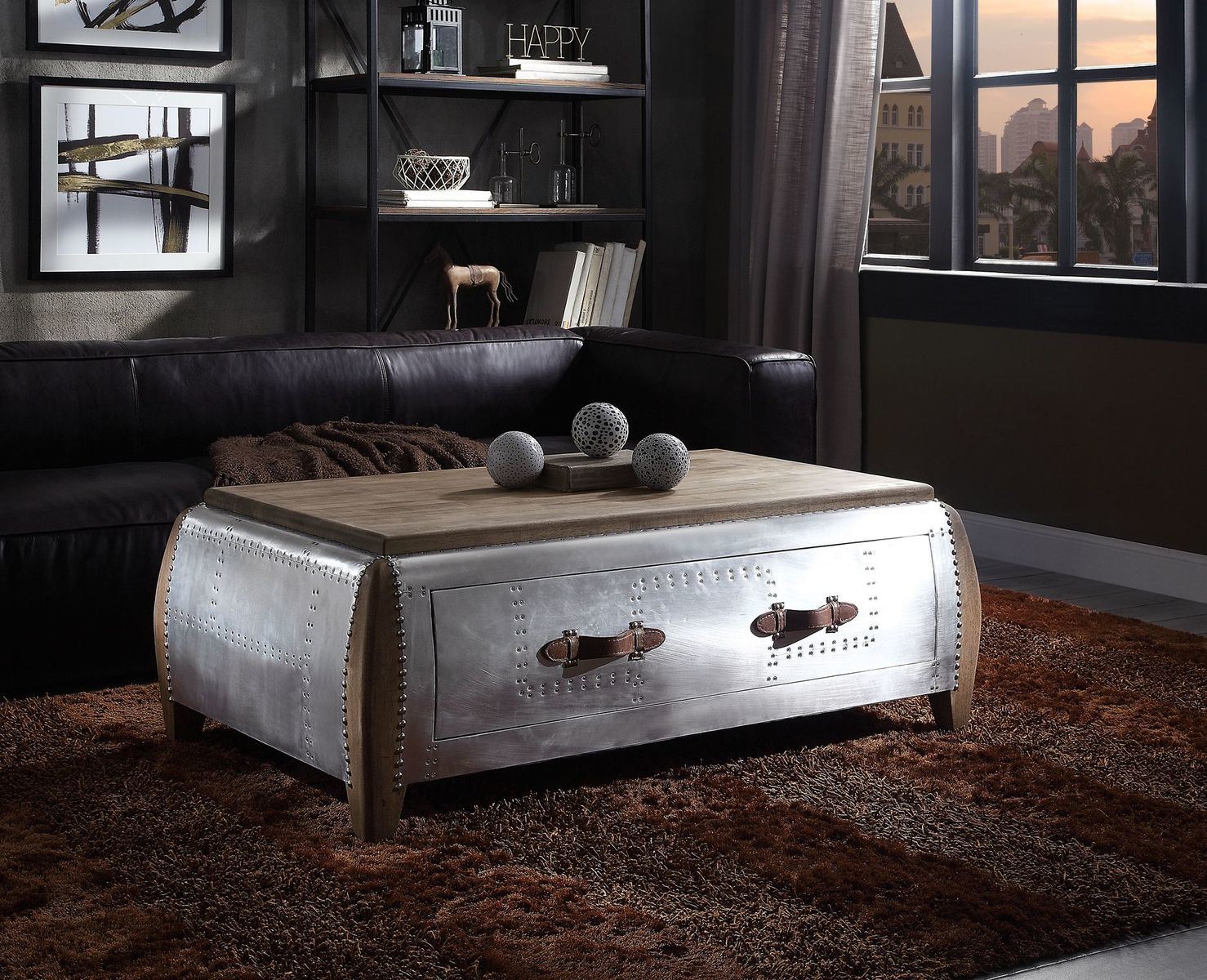 ACME Brancaster Coffee Table, Antique Oak & Aluminum 82855