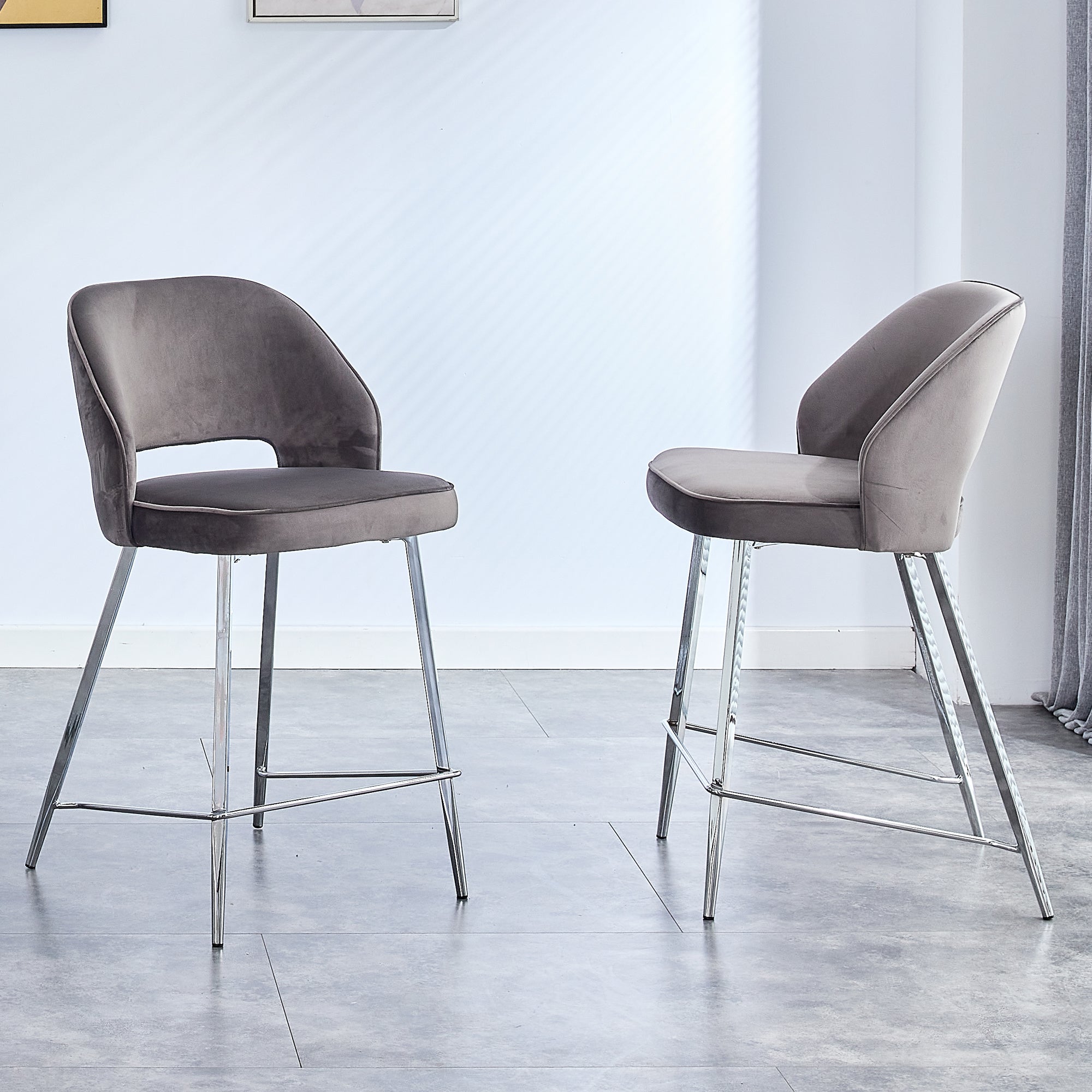 Bar Chair.Dining Chair.Stylish and Comfortable Velvet Bar Stool.with High-Density Foam Chair,Durable Electroplated Metal Legs,and Stable Structure for Home, Bar, and Cafe.(Set of 2)Grey 1205