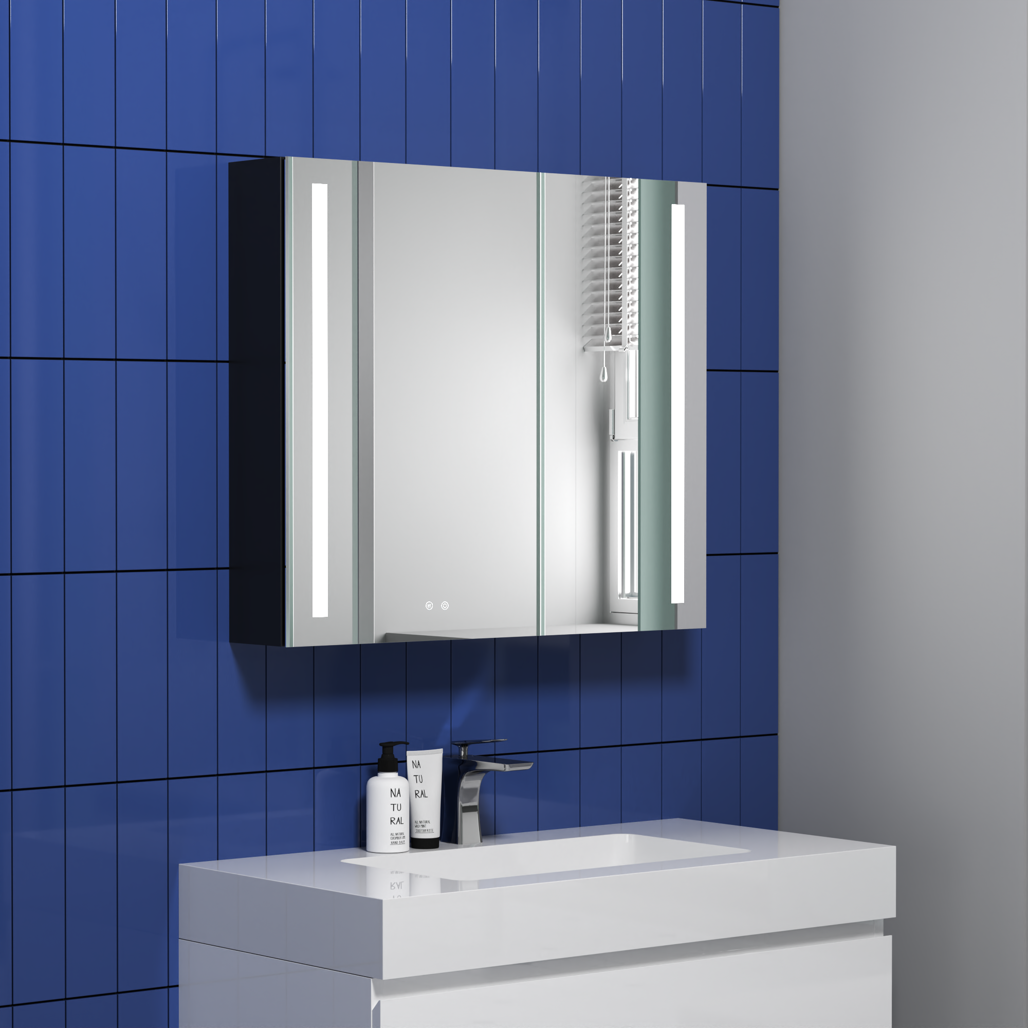 30" W x 26" H Modern Wall Mounted LED Frontlit Bathroom Mirror Cabinet with US standard plug, Temperature Adjustable, Memory Touch Switch, Large Storage