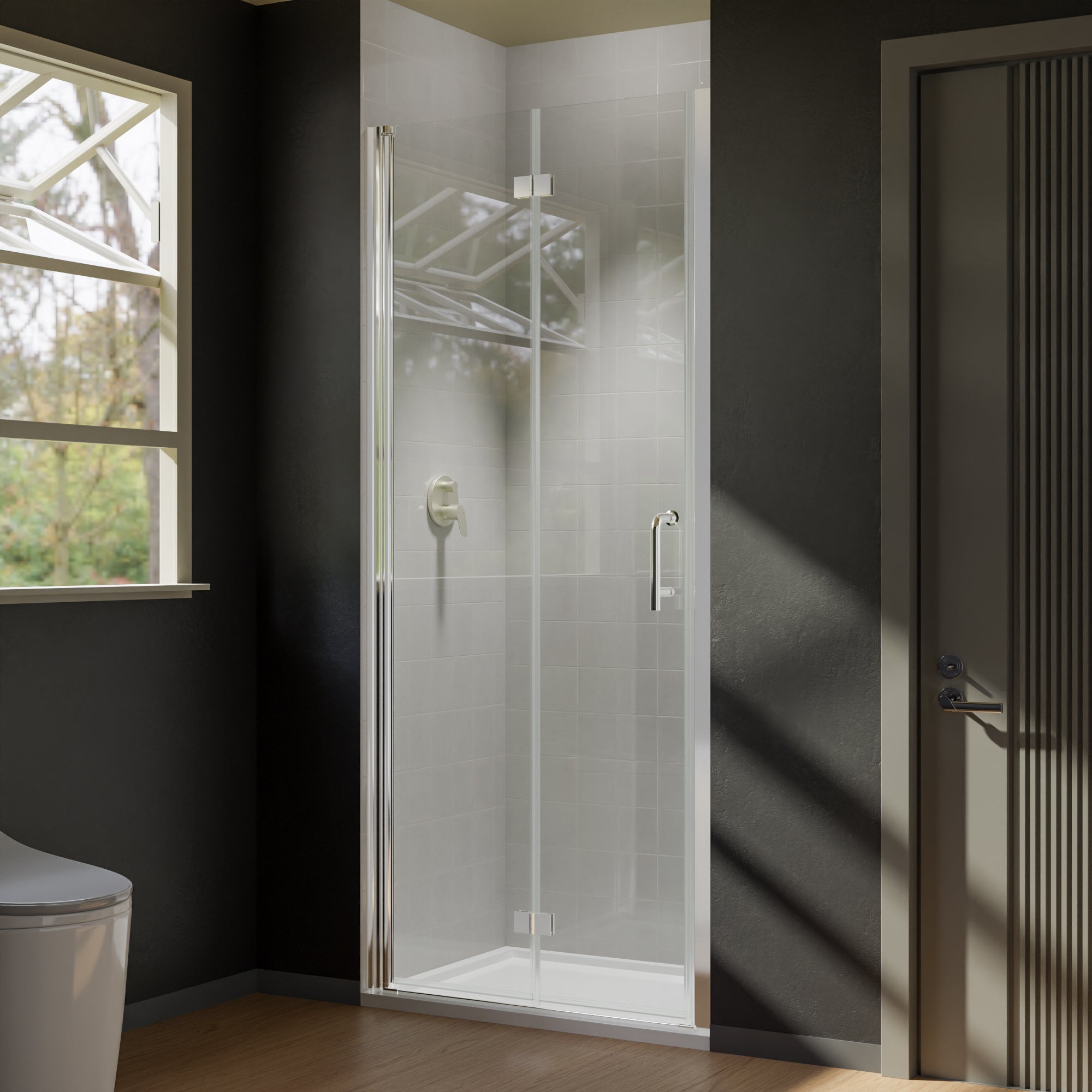 32 to 33-3/8 in. W x 72 in. H Bi-Fold Semi-Frameless Shower Doors in Chrome with Clear Glass