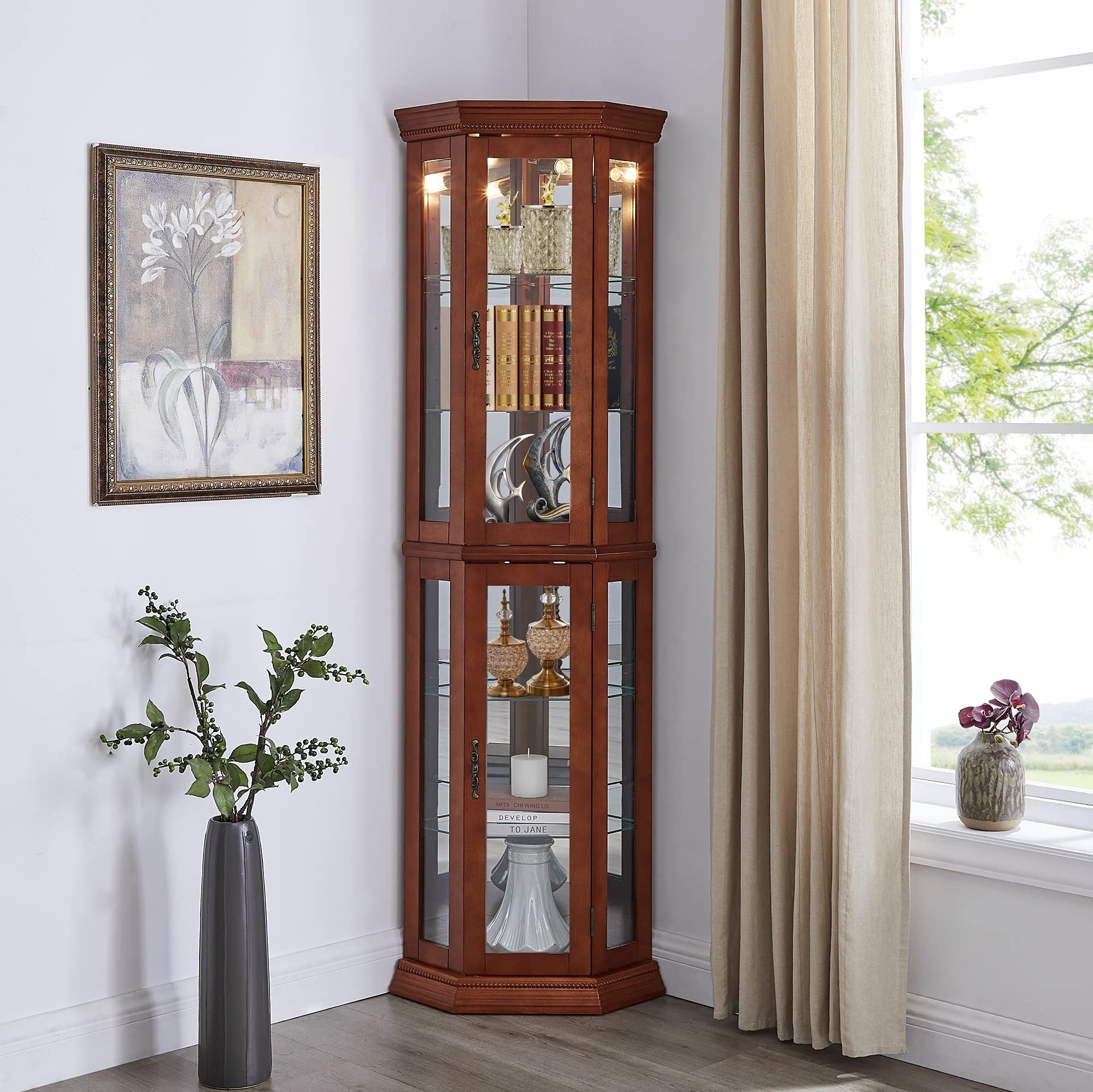 Corner Curio Cabinet with Lights, Adjustable Tempered Glass Shelves, Mirrored Back, Display Cabinet,Walnut (E26 light bulb not included)