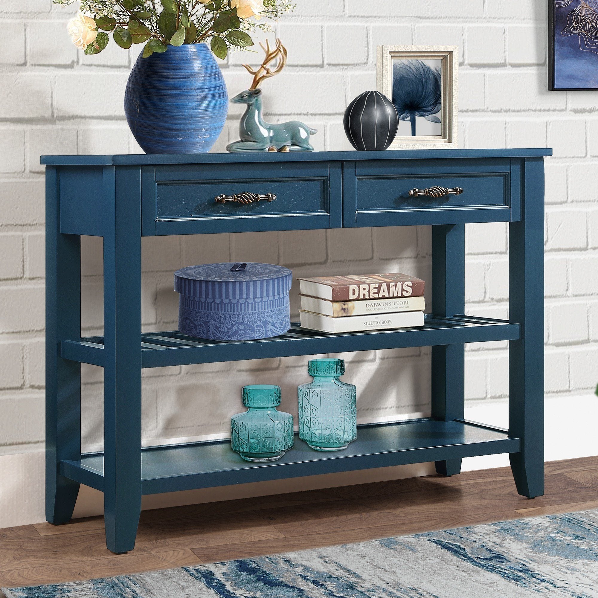 Console Sofa Table with 2 Storage Drawers and 2 Tiers Shelves, Mid-Century Style 42'' Solid Wood Buffet Sideboard for Living Room Furniture Kitchen Dining Room Entryway Hallway,Navy Blue