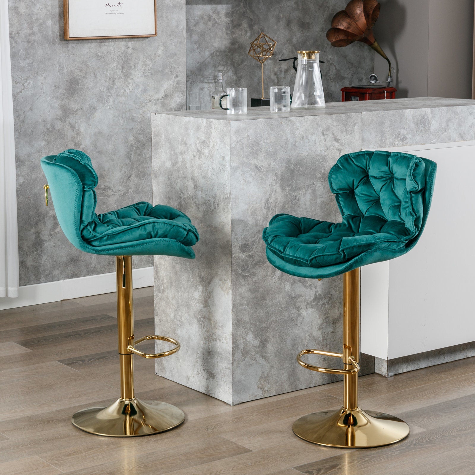 A&A Furniture,Swivel Bar Stools Set of 2, Velvet Counter Height Adjustable Barstools, Dining Bar Chairs Upholstered Modern Bar Stool for Kitchen Island, Cafe, Bar Counter, Dining Room(Green)