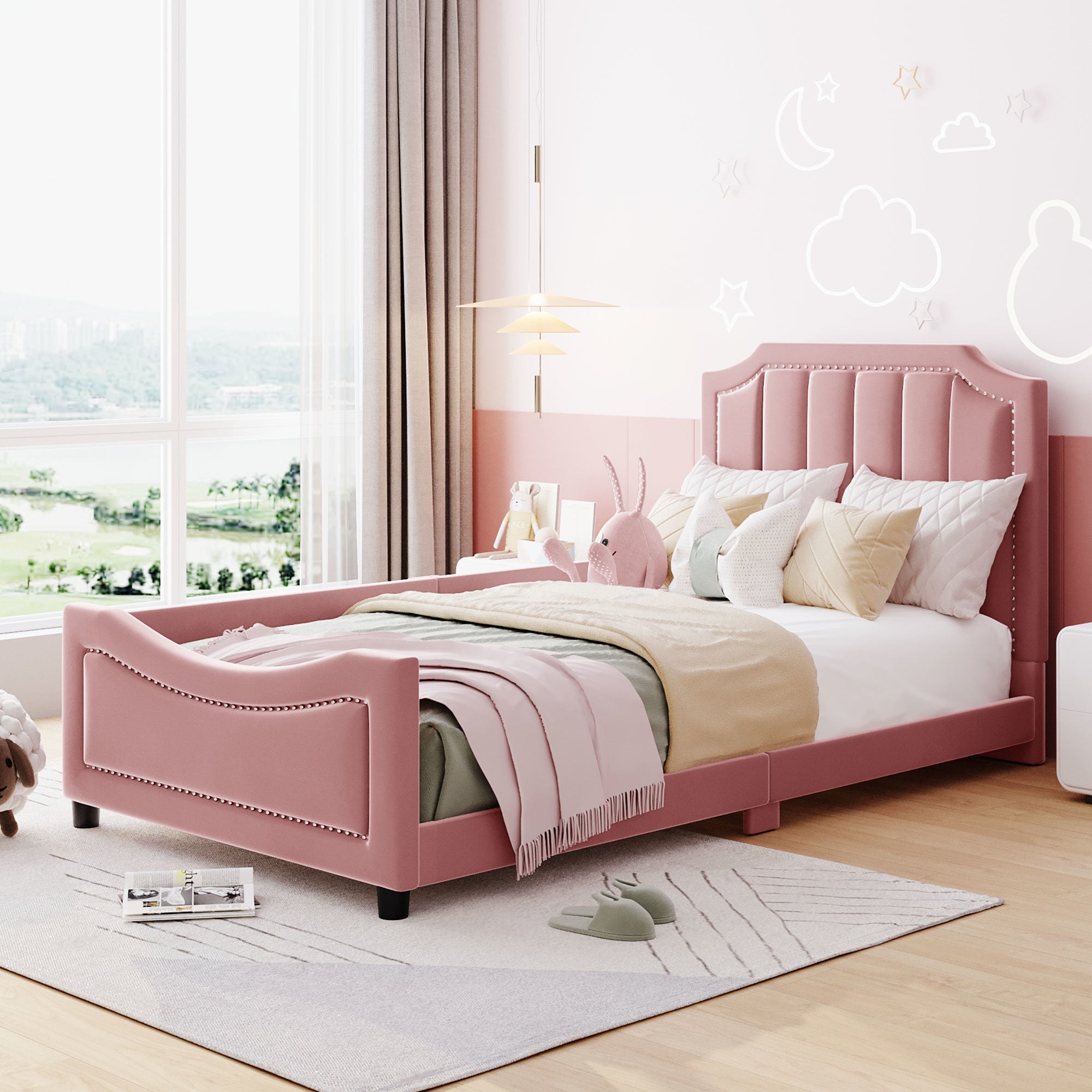 Twin Size Upholstered Daybed with Classic Stripe Shaped Headboard, Pink