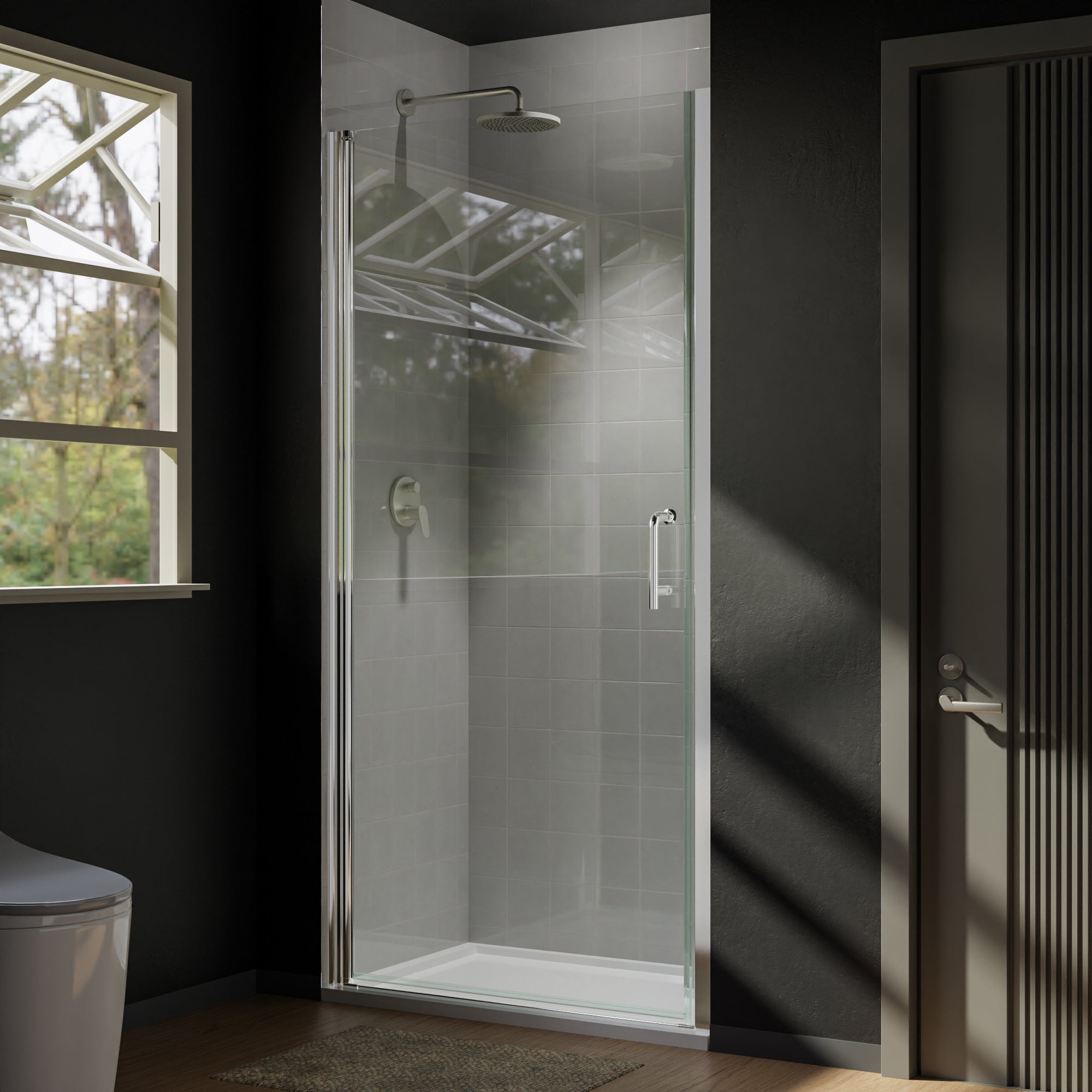 36 In. to 37-3/8 In. x 72 In Semi-Frameless Pivot Shower Door in Chrome With Clear Glass