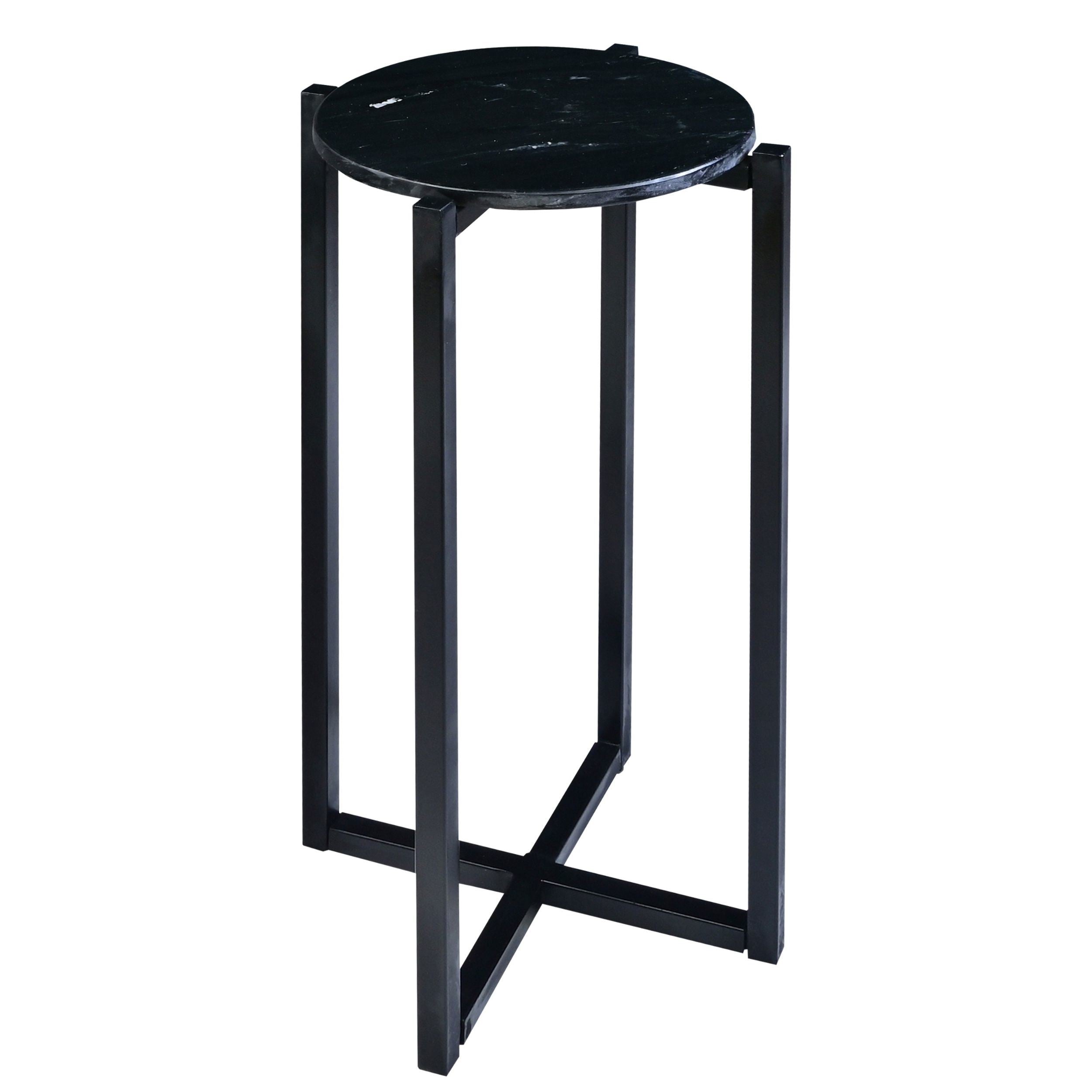 Ivy 24.5 Inch Round Marble Top Accent Side Table with Metal Frame, Black