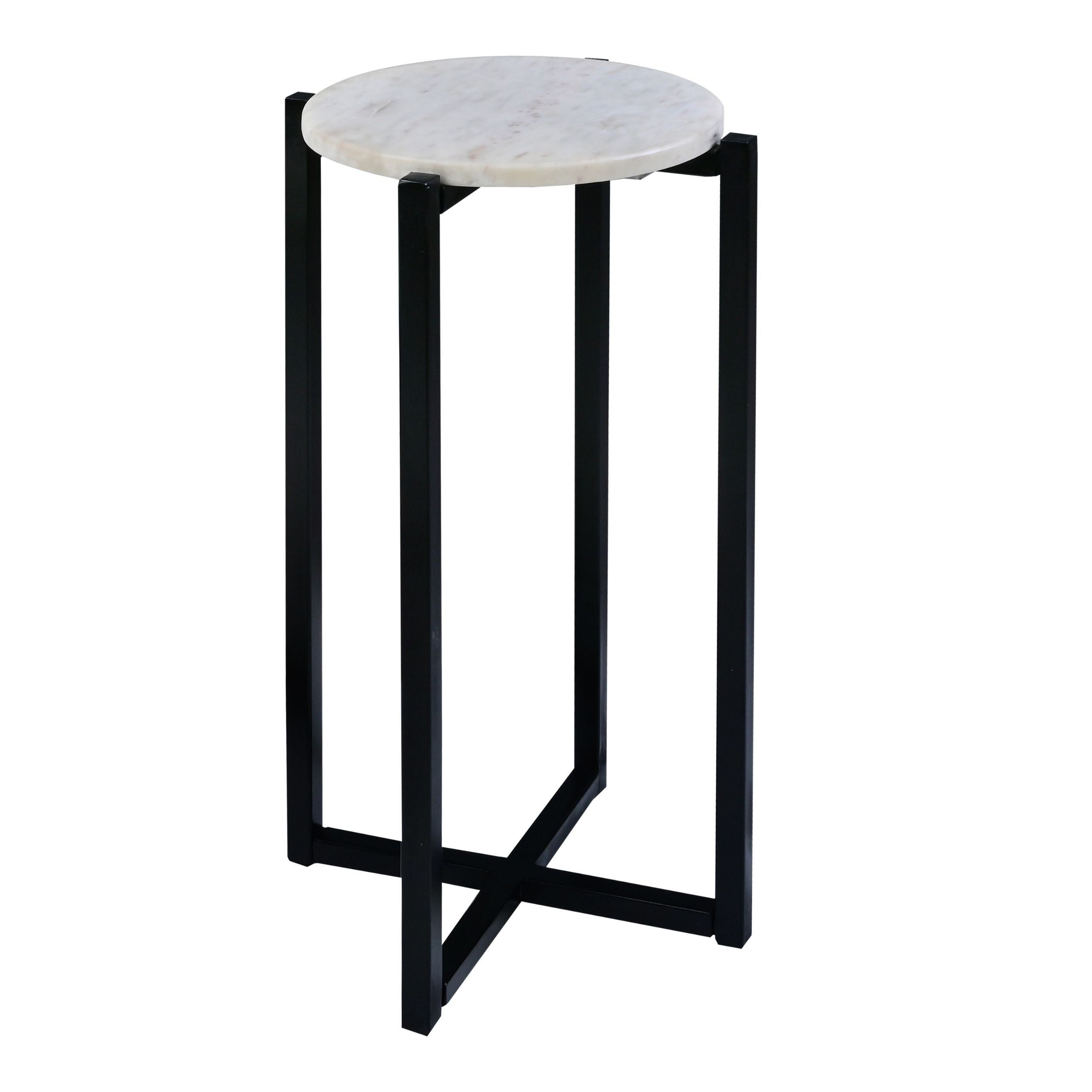 Ivy 24.5 Inch Marble Top Accent Round Side Table with Metal Frame, White and Black