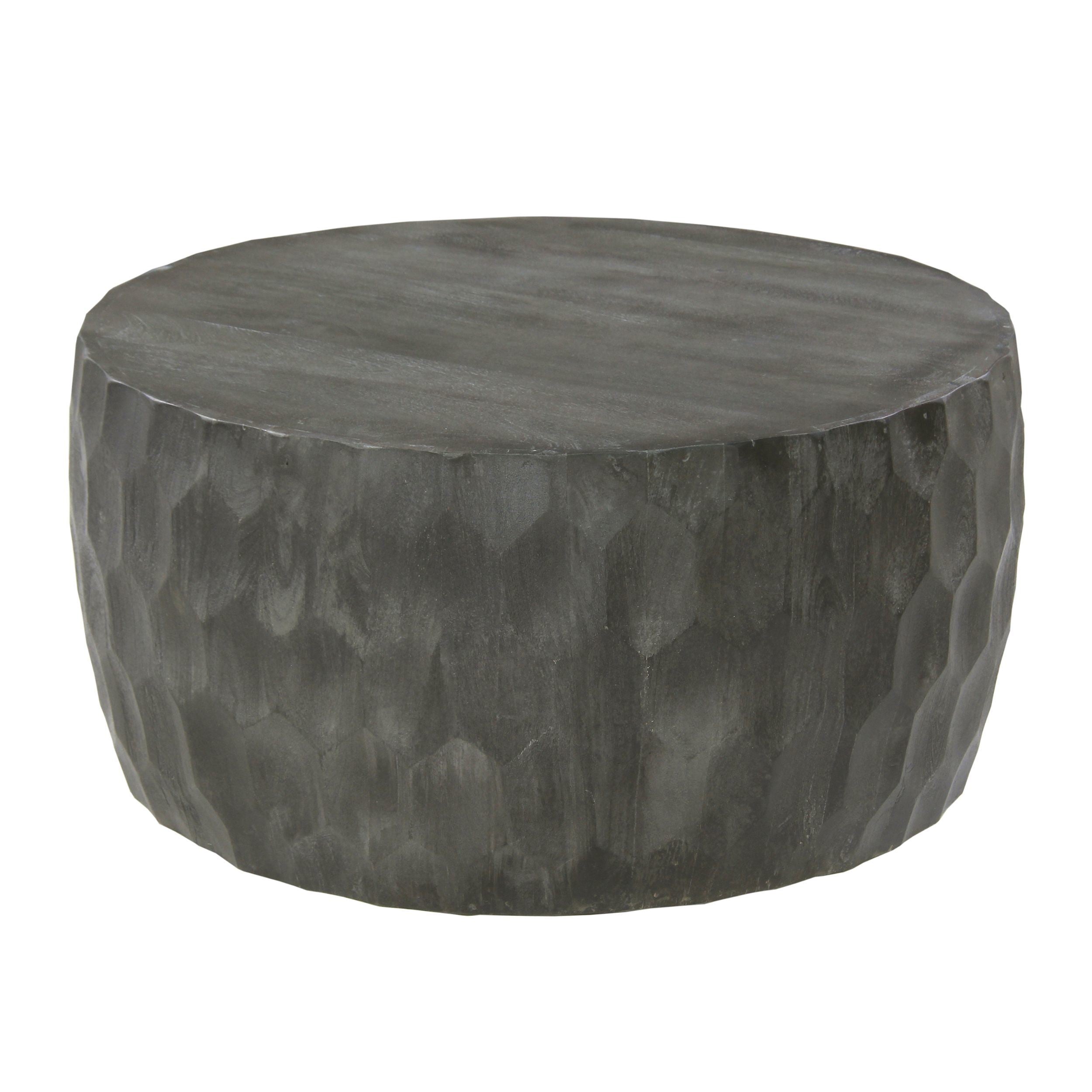 Val 34 Inch Handcrafted Mango Wood Coffee Table, Hammered Round Drum Shape, Honeycomb, Rustic Gray