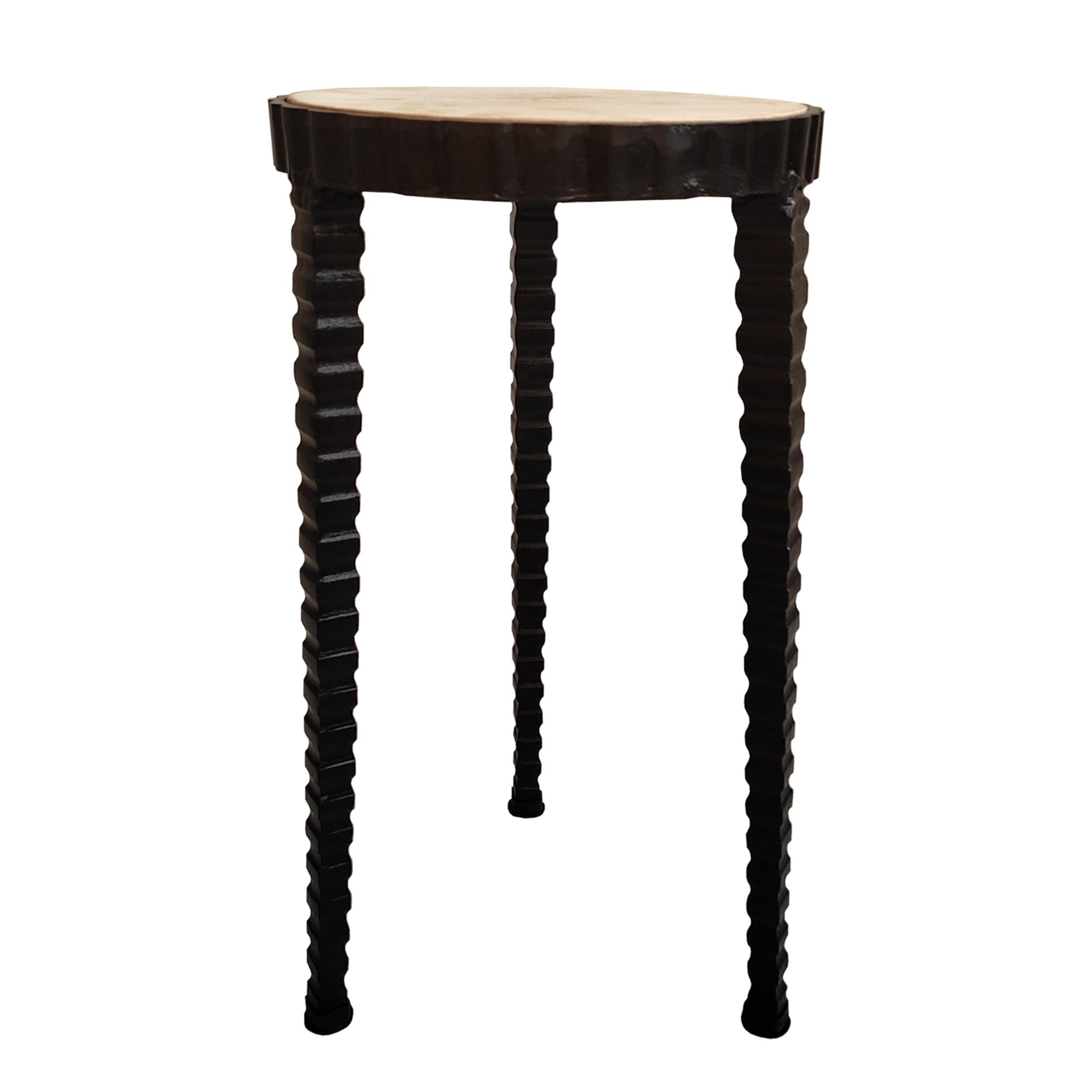 22 Inch Round Wooden Side Table with Tapered Tripod Base, Brown and Black