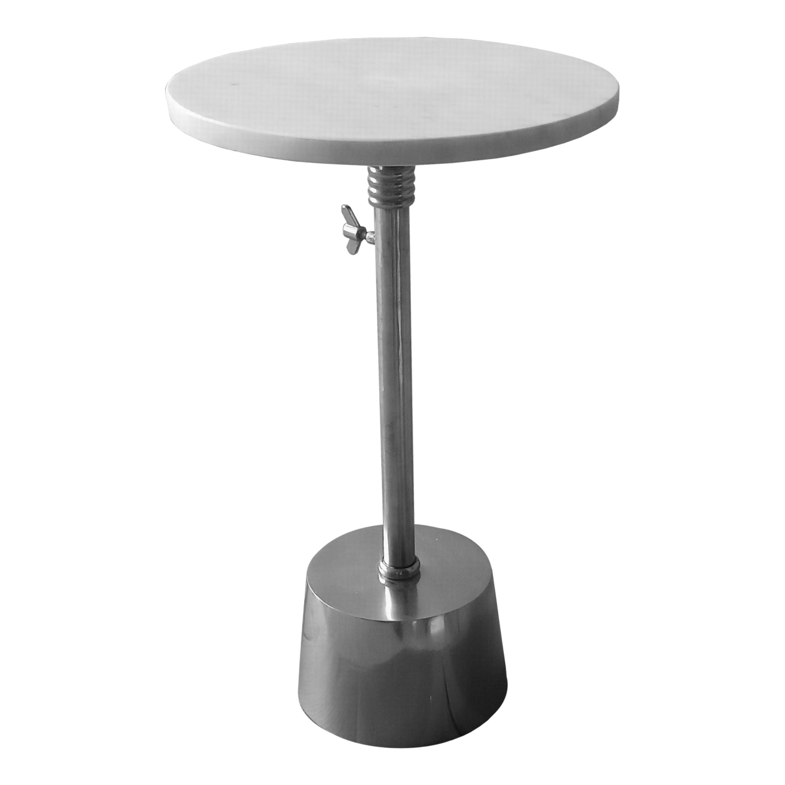 Aluminum Frame Round Side Table with Marble Top and Adjustable Height, White and Silver