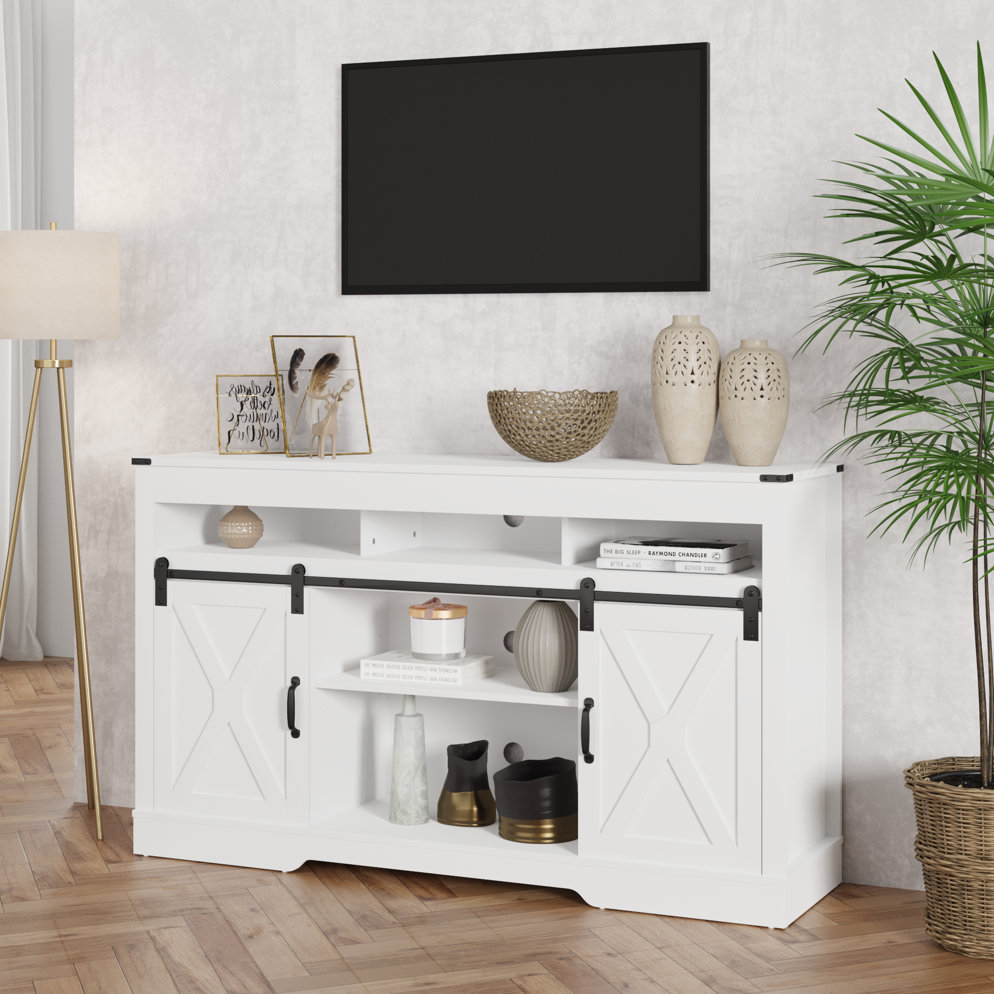 58" Farmhouse Double-Door Three-Layer TV Cabinet in White