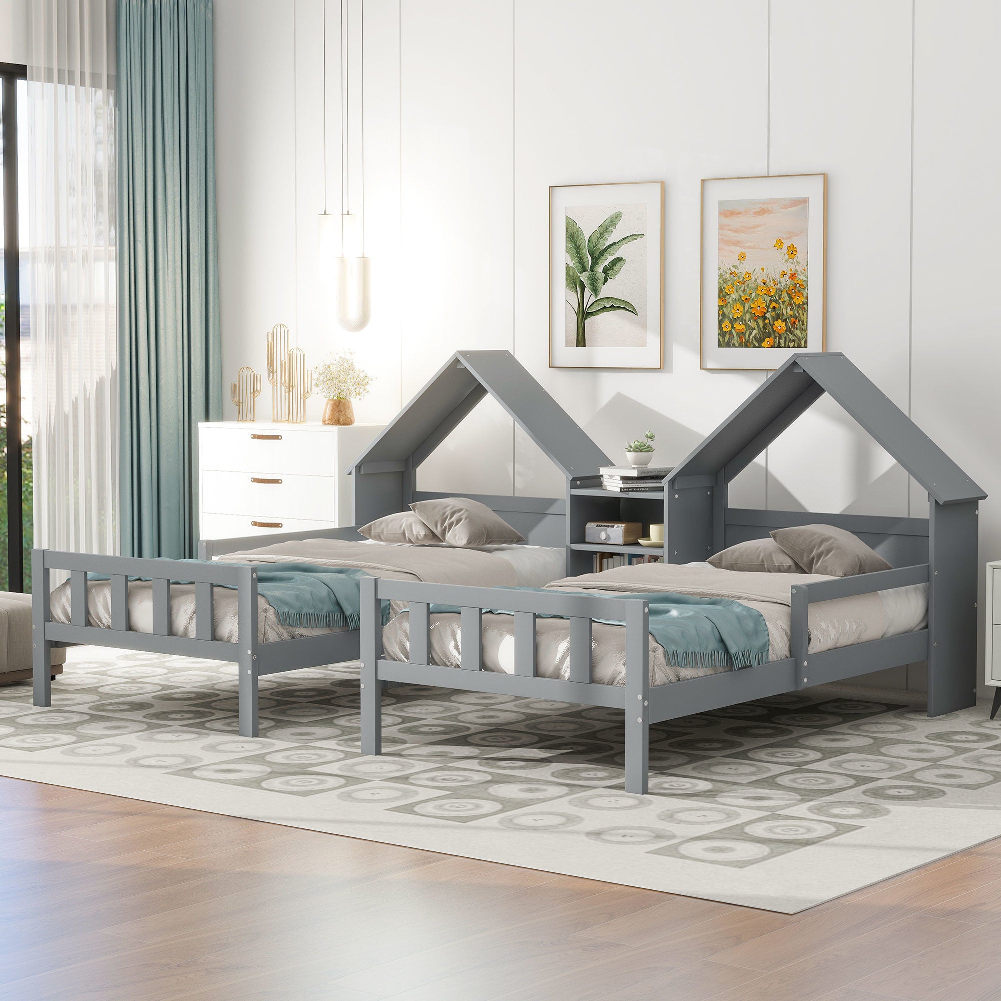 Double Twin Size Platform Bed with House-shaped Headboard and a Built-in Nightstand, Grey