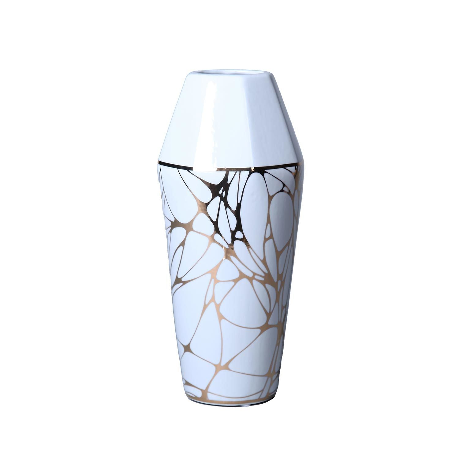 White Ceramic Vase with Gold Organic Accent Design - Elegant and Versatile Home Decor