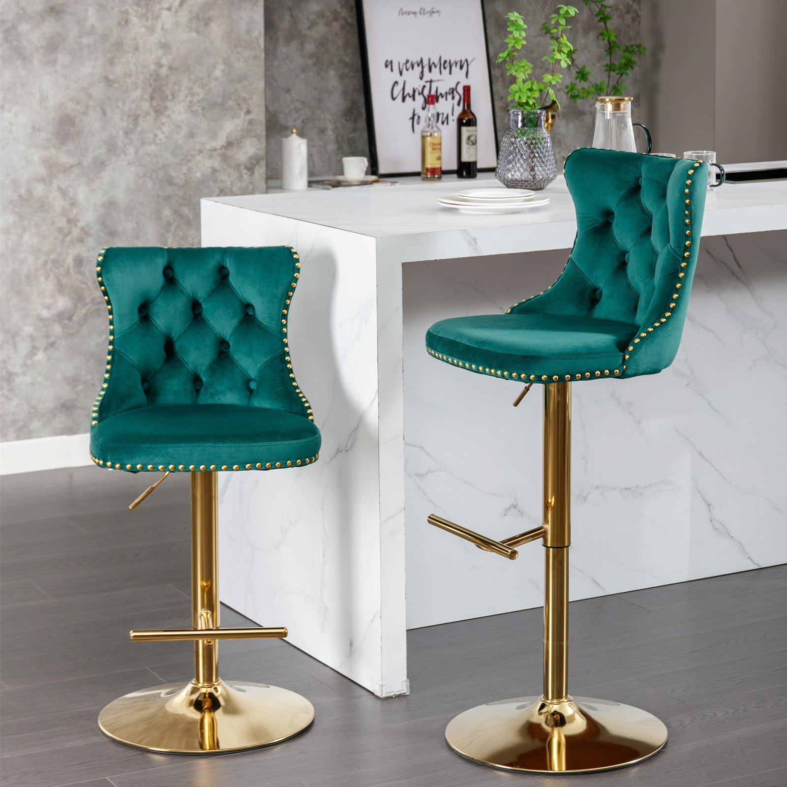 A&A Furniture,Golden Swivel Velvet Barstools Adjusatble Seat Height from 25-33 Inch, Modern Upholstered Bar Stools with Backs Comfortable Tufted for Home Pub and Kitchen Island(Green,Set of 2)