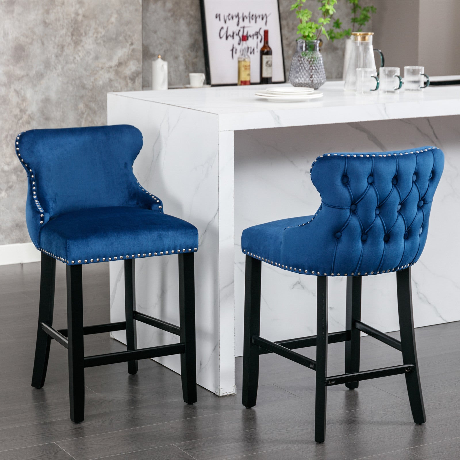 A&A Furniture,Contemporary Velvet Upholstered Wing-Back Barstools with Button Tufted Decoration and Wooden Legs, and Chrome Nailhead Trim, Leisure Style Bar Chairs,Bar stools,Set of 2 (Blue),SW1824BL