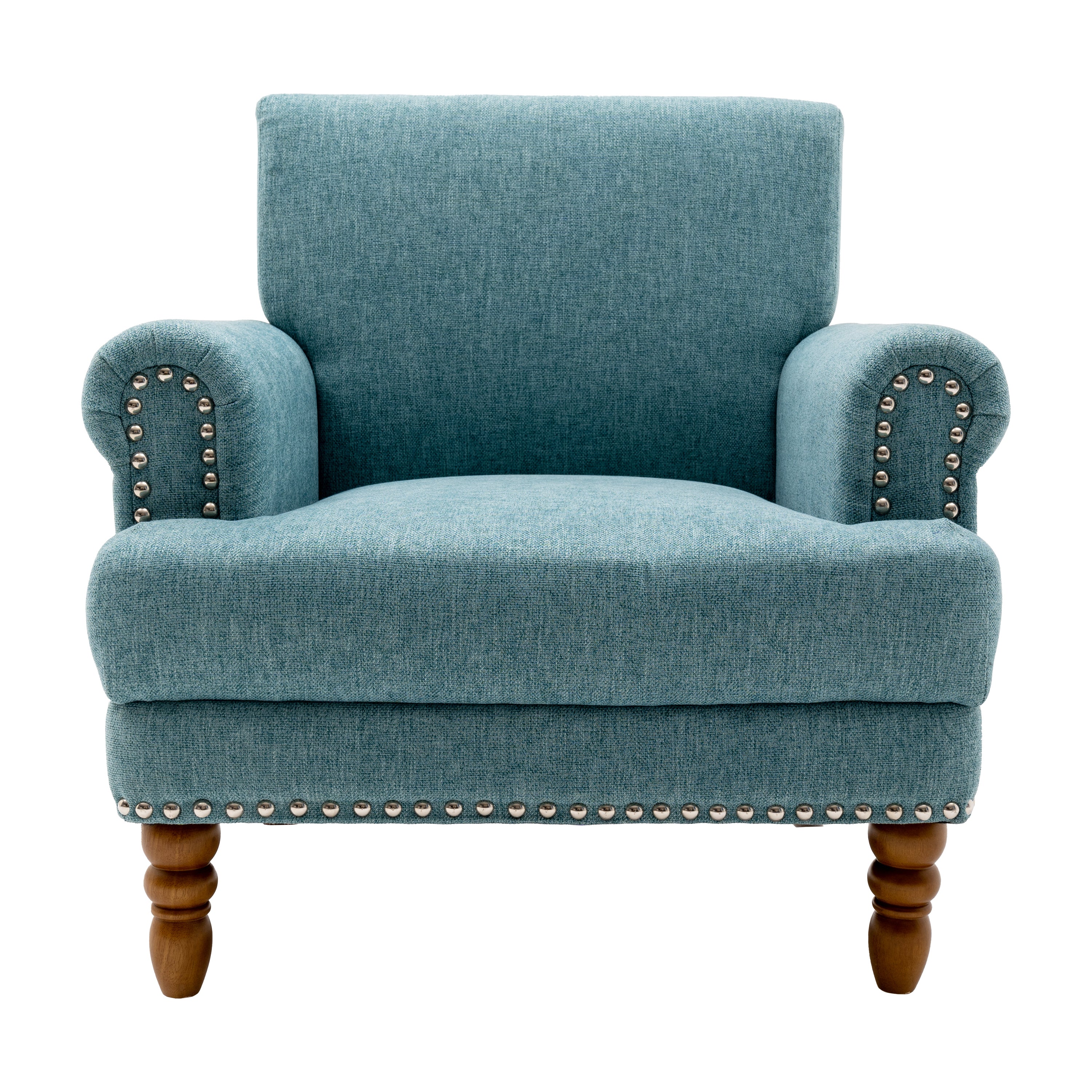 Cotton Accent Chair Mid-Century Modern Living Room Armchair with Nailhead Trim & Wood Legs Comfy Upholstered Single Sofa Chair for Lounge/Bedroom/Reception Blue