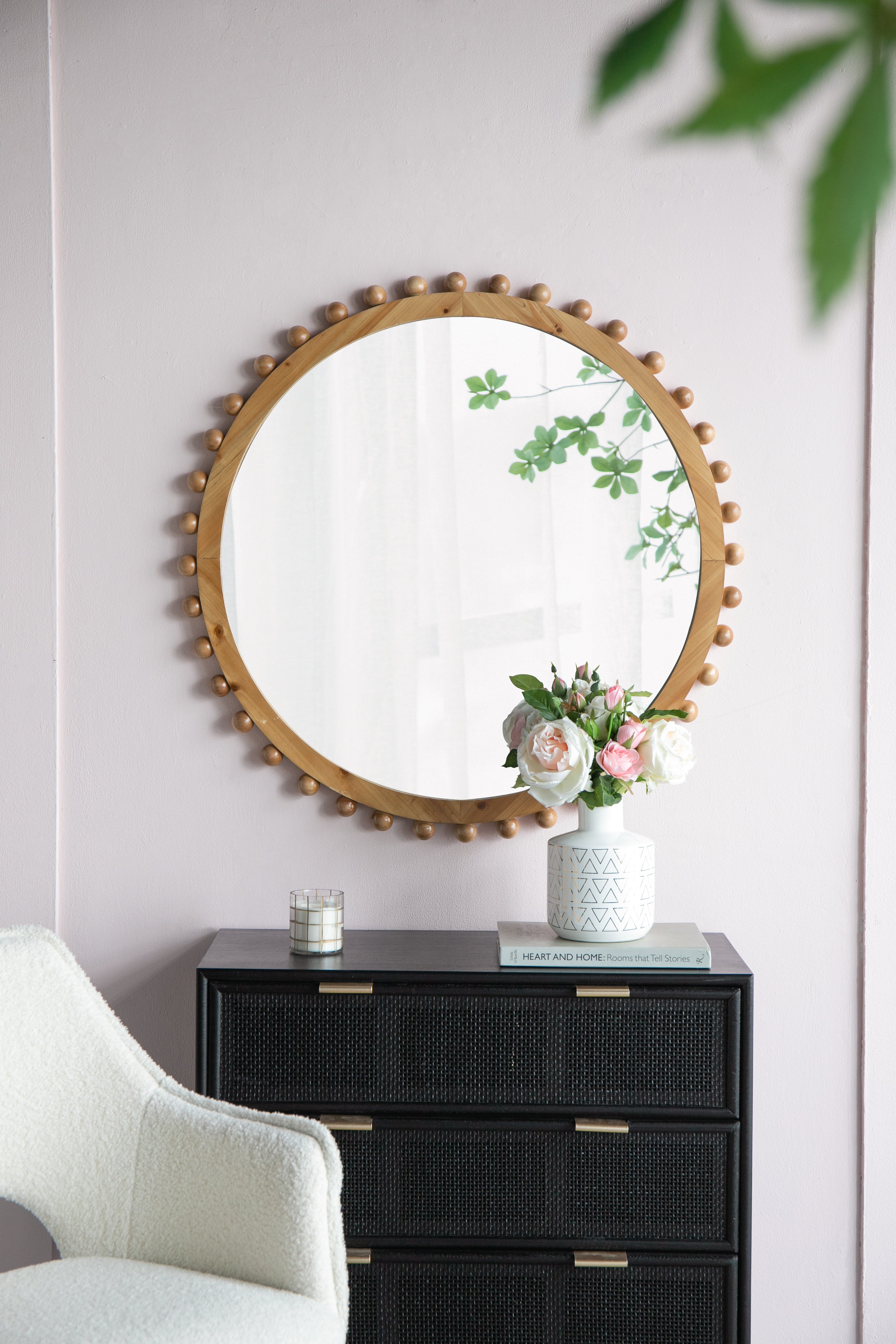 D34" Wood Round Mirror with Beaded Frame, Circle Wall Mirror for Living Room Bedroom Entryway