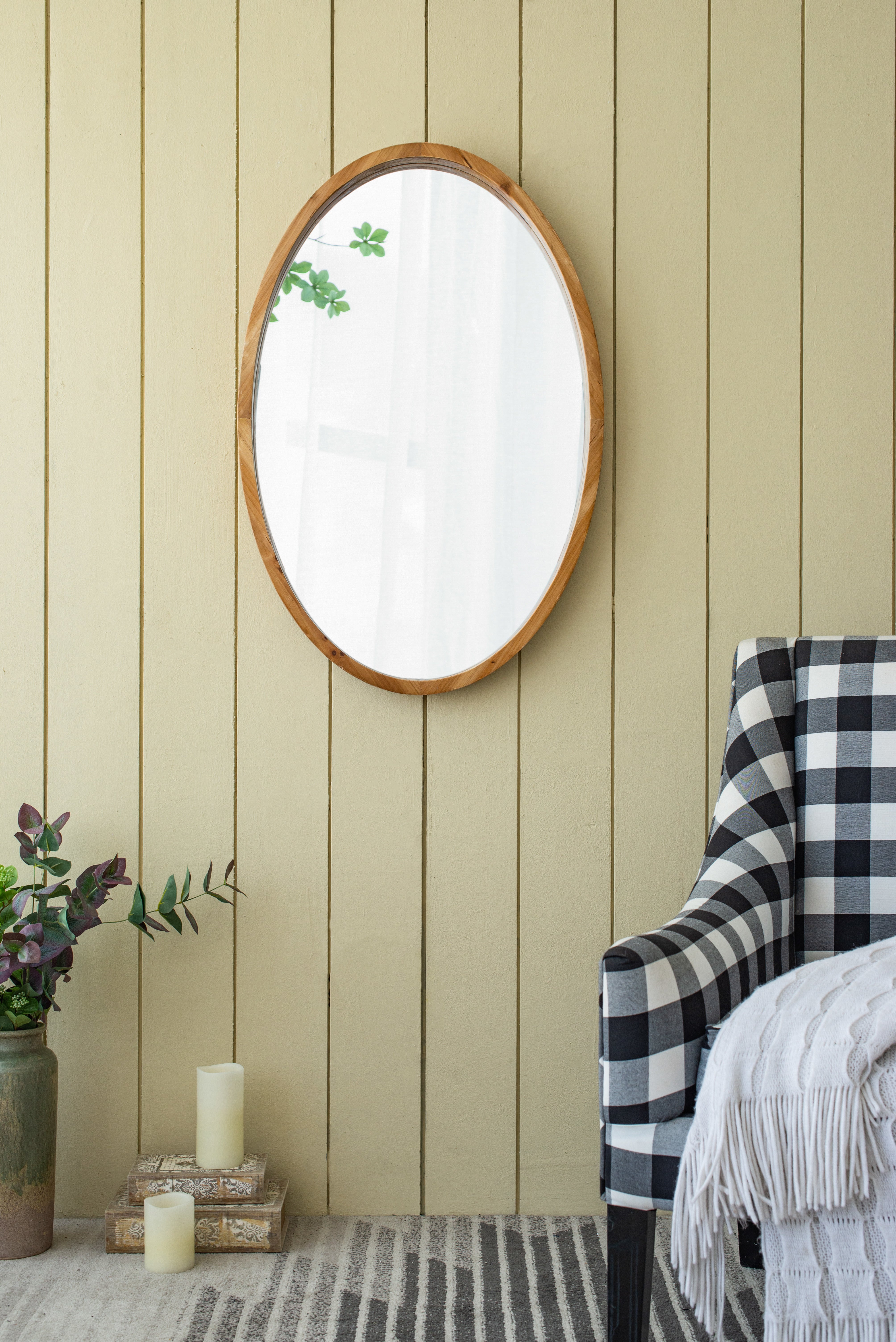 24" x 36" Oval Wall Mirror with Wood Frame, Farmhouse Wood Mirror for Bathroom Entryway Console Lean Against Wall