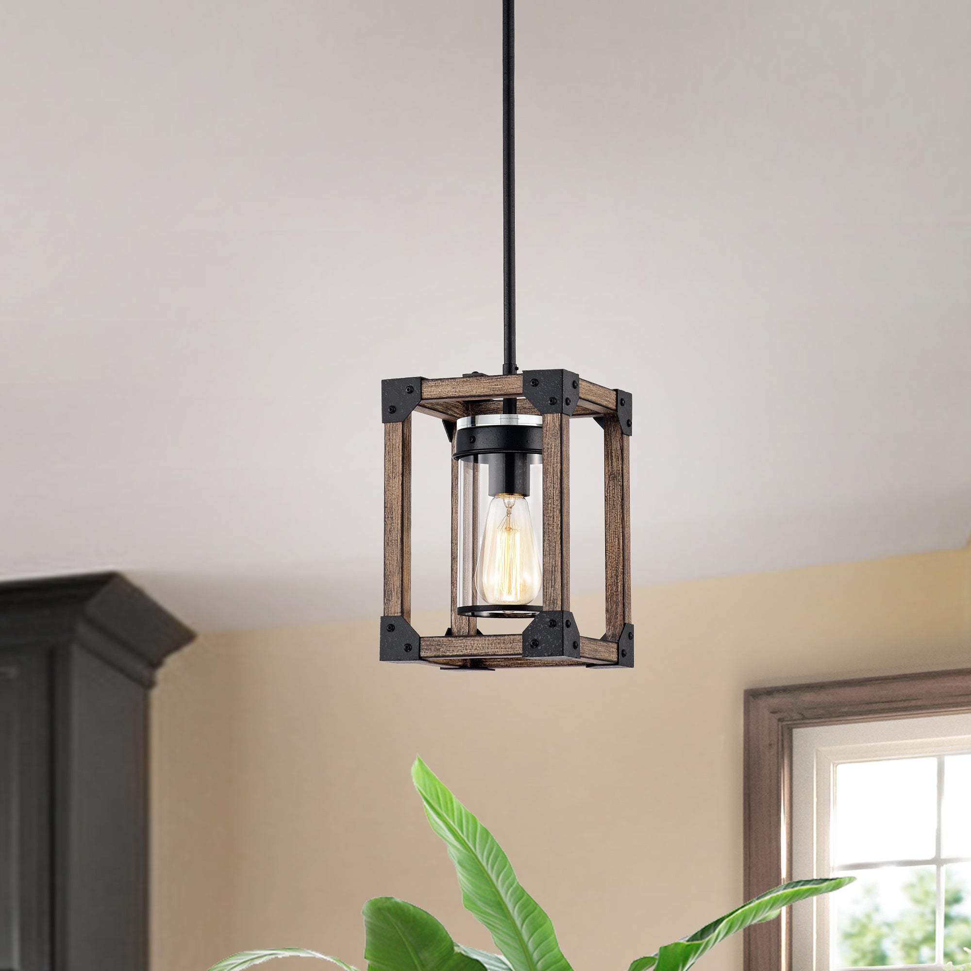 Kobe 7 Inch With 1 Light and Forged Black and Imitation Wood Grain Pendant Light