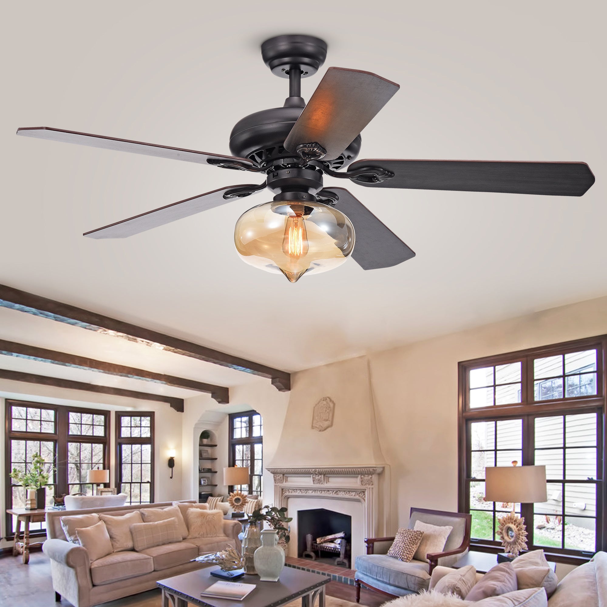 Figuera 52-Inch 5-Blade Antique Black Lighted Ceiling Fans w/ Clear Amber Glass Shade (Remote Controlled&2 Color Option Blades)