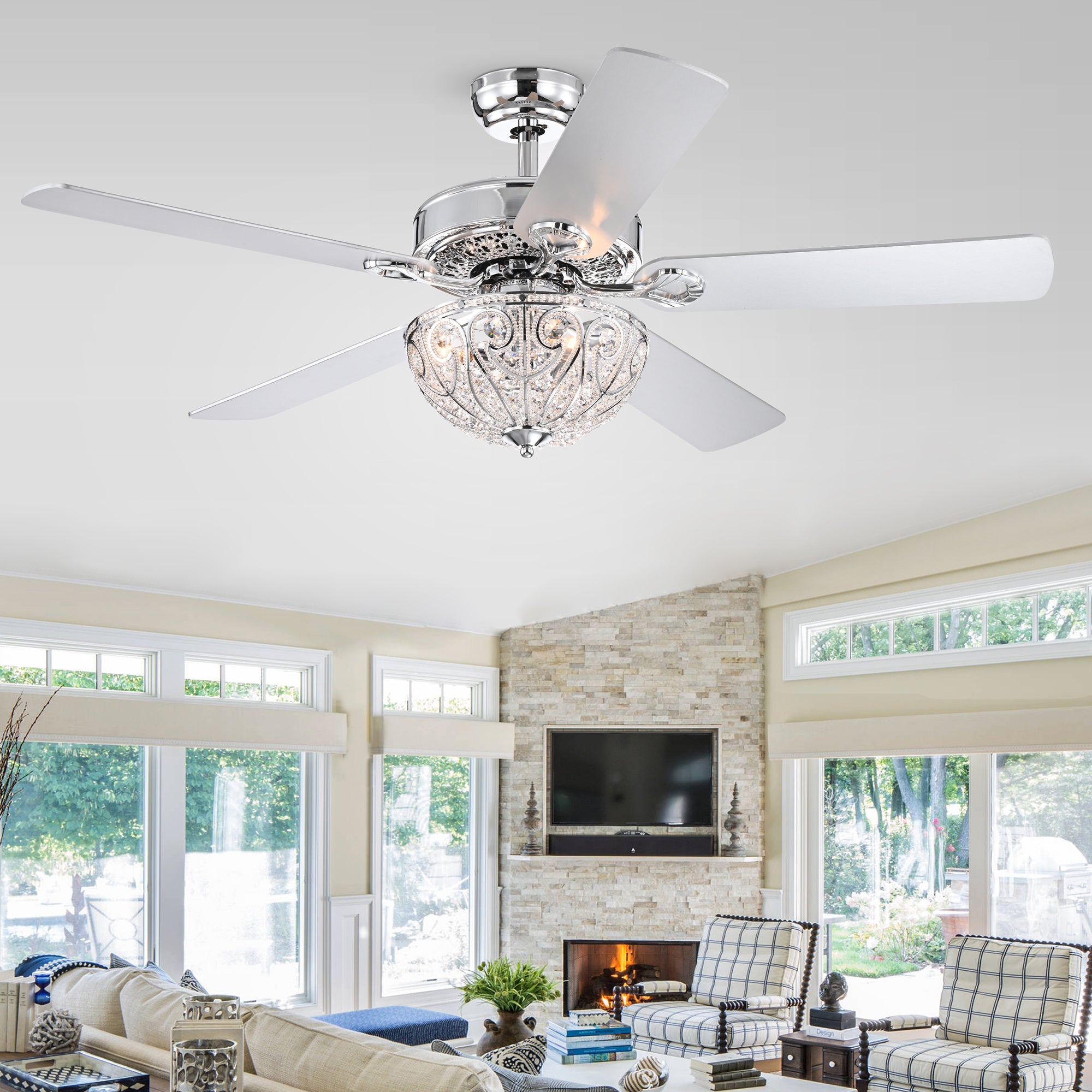 Norin Chrome 52-Inch 5-Blade Lighted Ceiling Fan with Crystal Bowl Shade (Includes Remote)