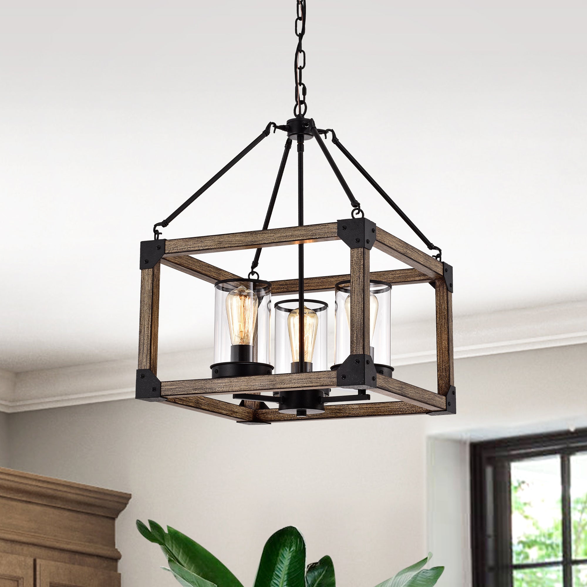 Lune 17 Inch Forged Black and Imitation Wood Grain With 3 Light Chandelier