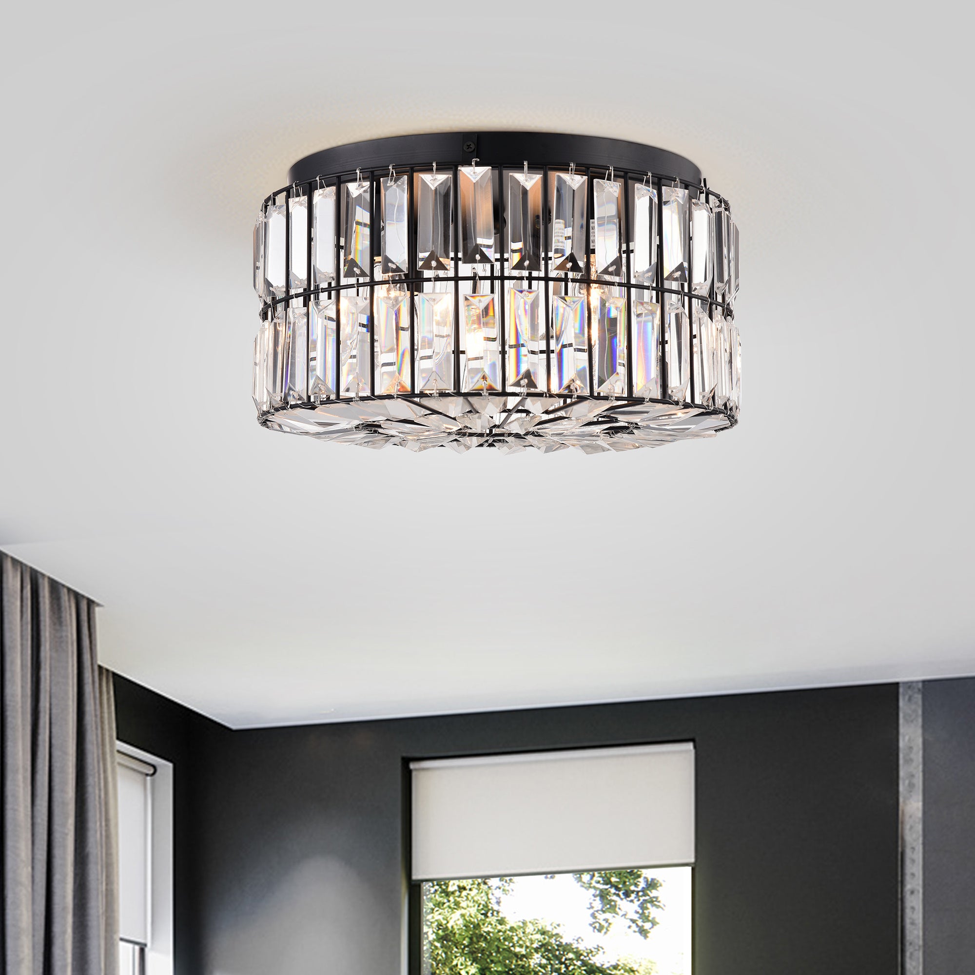 Nicah Matte Black 4-Light Crystal and Metal Drum Shade Flush Mount