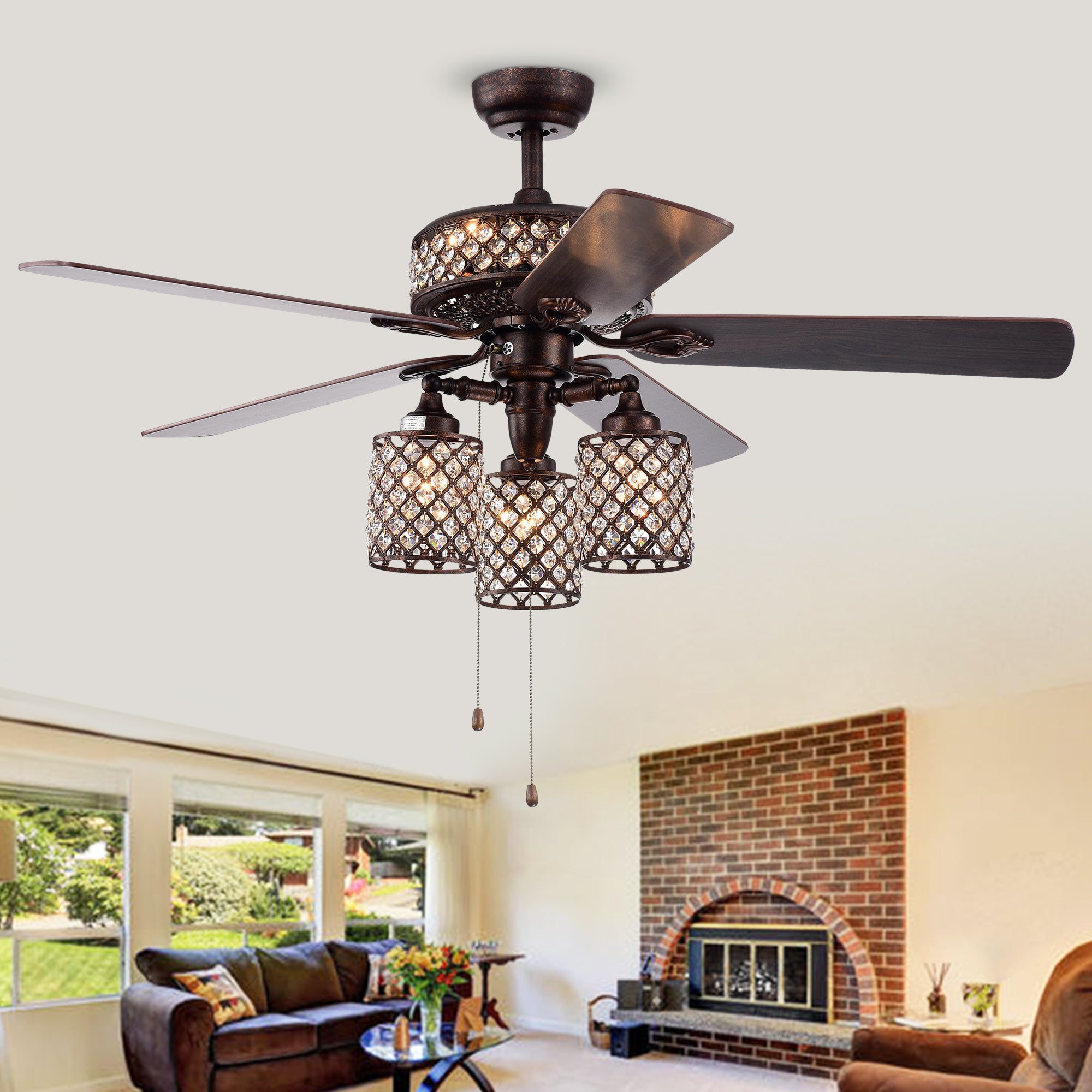 Pristil 5-Blade 52-Inch Rustic Bronze Lighted Ceiling Fans with Crystal Grid Shade (2 Color Option Blades)