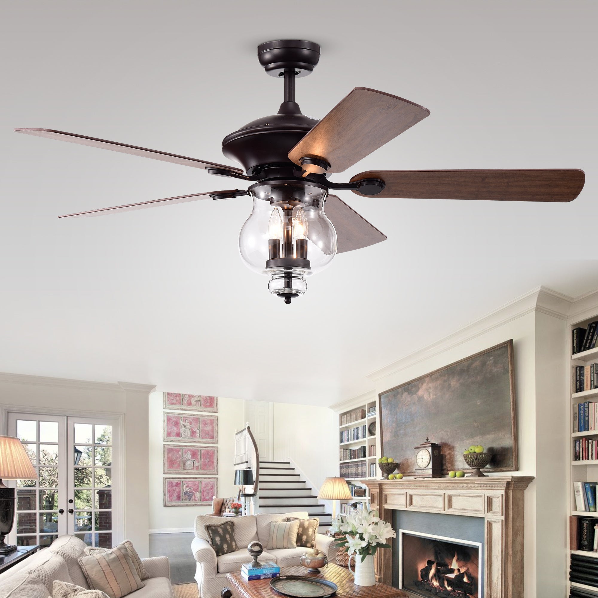 Topher 52-Inch 5-Blade Antique Bronze Lighted Ceiling Fans with Clear Glass Shade (Optional Remote Control)