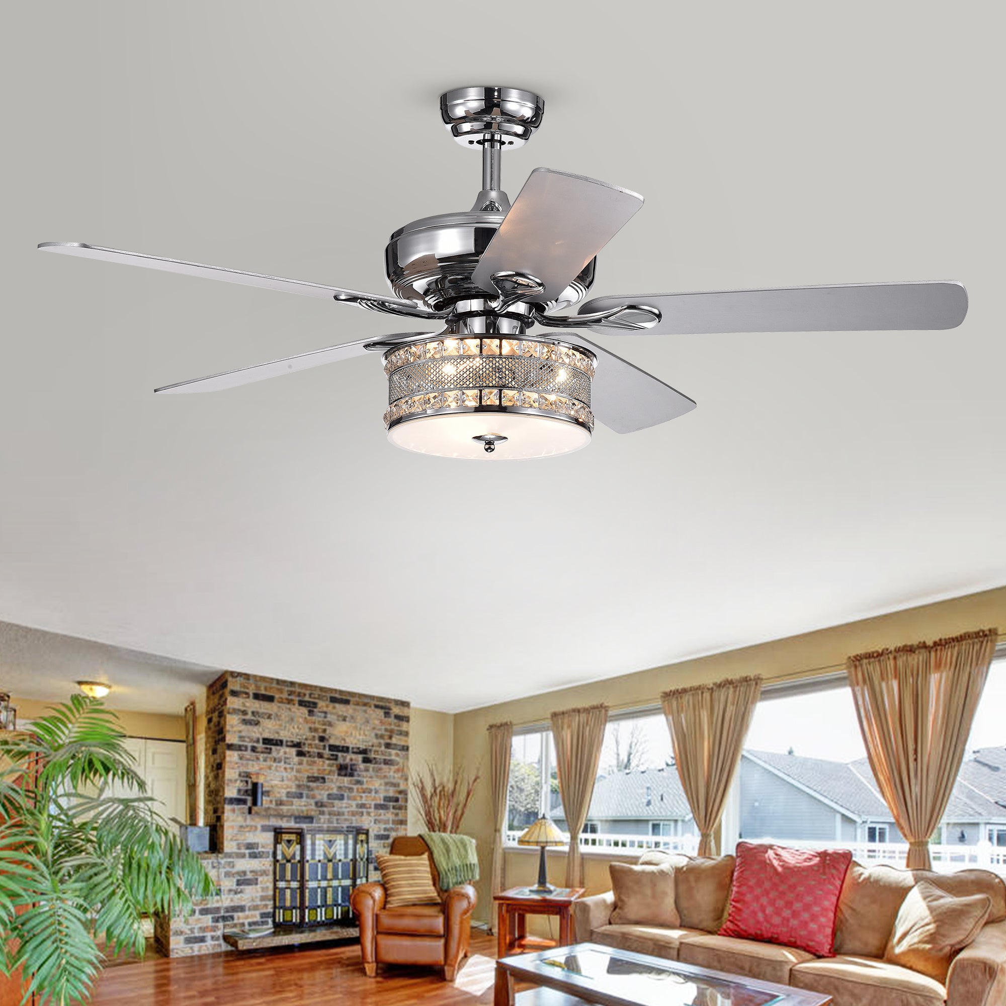 Davrin 5-Blade 52-Inch Chrome Ceiling Fan with 3-Light Crystal Drum Lamp