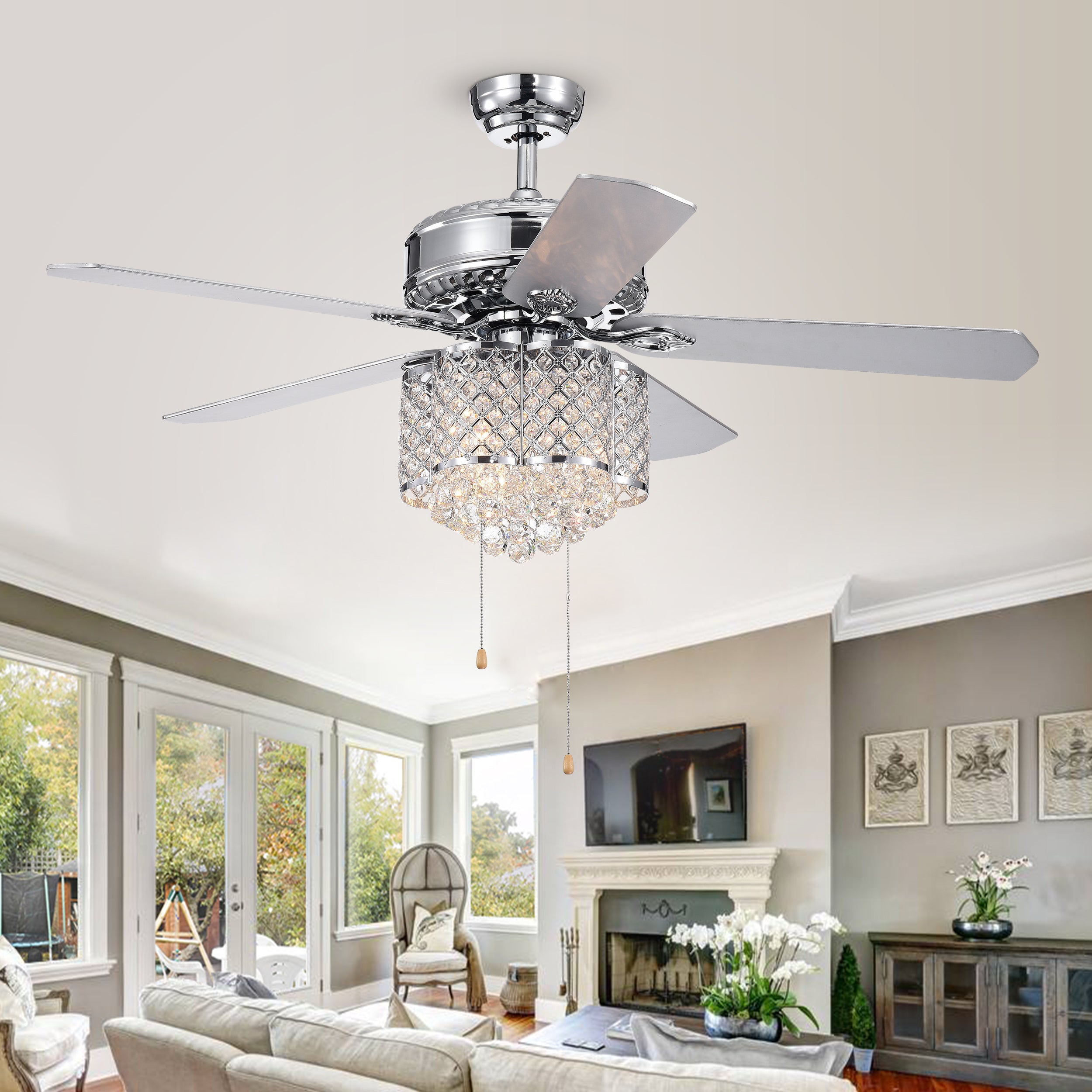 Deidor 5-blade 52-inch Chrome Ceiling Fan with 3-Light Crystal Chandelier